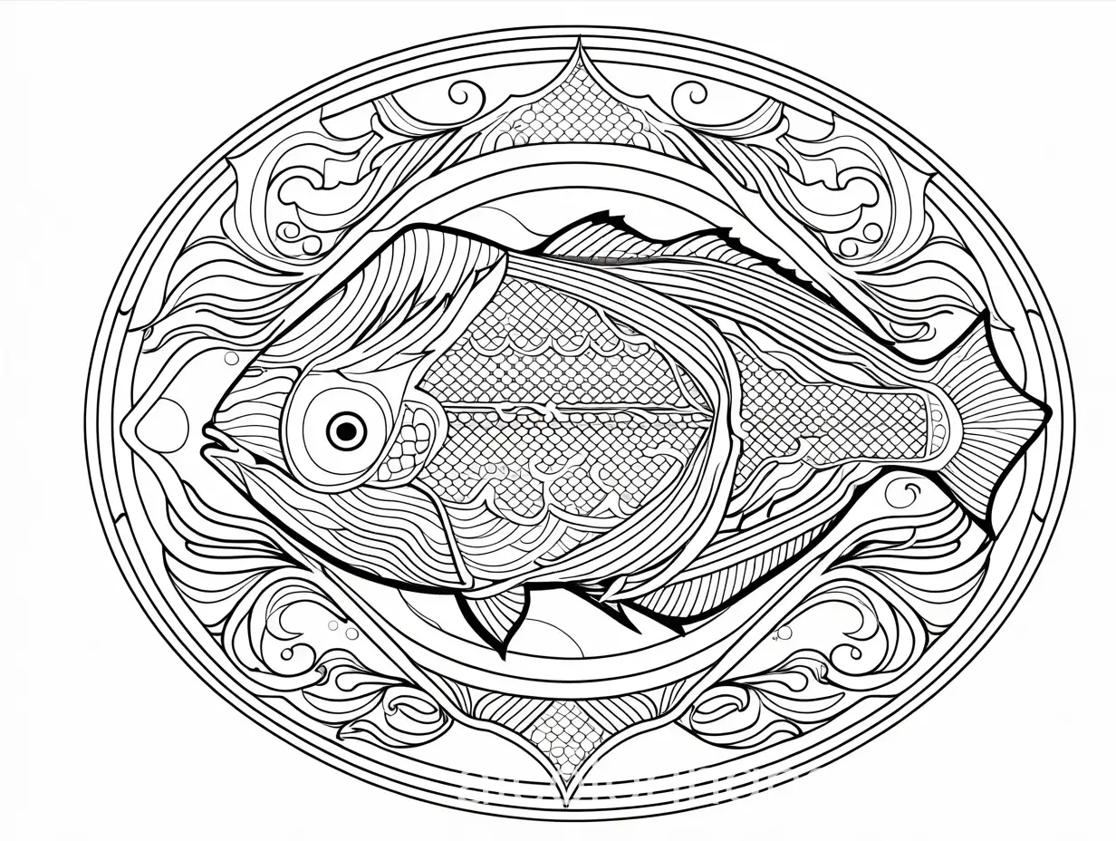 a mandala with sea with fish 1080x720px dimension, Coloring Page, black and white, line art, white background, Simplicity, Ample White Space. The background of the coloring page is plain white to make it easy for young children to color within the lines. The outlines of all the subjects are easy to distinguish, making it simple for kids to color without too much difficulty