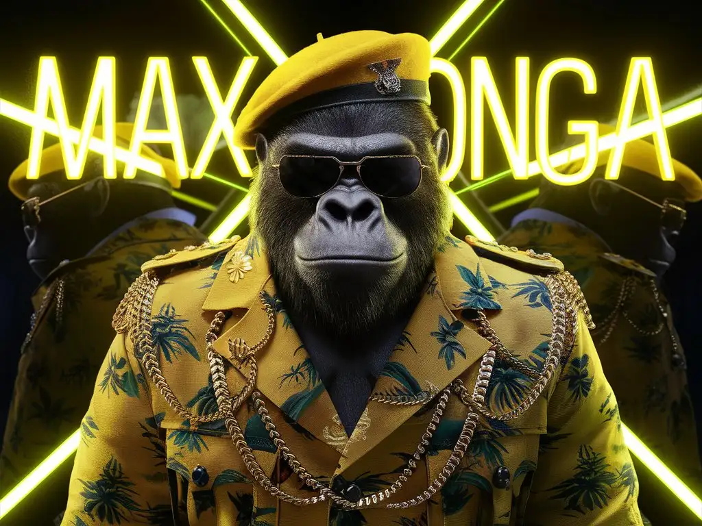 Gorilla is wearing yellow hawaiian pattern military clothes with ornaments and gold chains. He also wears a yellow beret and dark sunglasses. He is standing with yellow neon  lights behind him.lights reflects on his sunglasses 
The words "MAX KONGA" Are written in neon lights. 