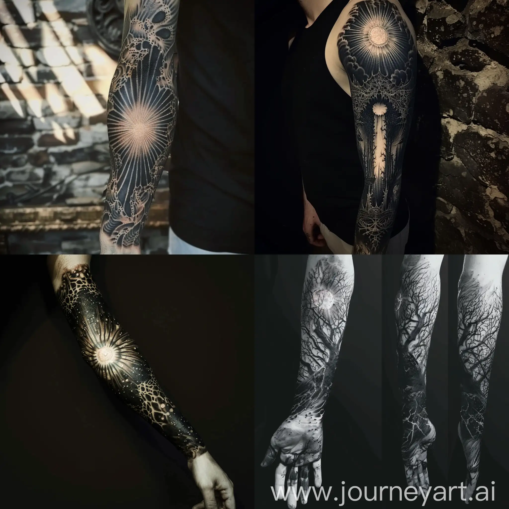 A full arm sleeve tattoo. It's pitch black at the rims, but features in the middle a core of light, like a metaforical sun shining through the darkness.
