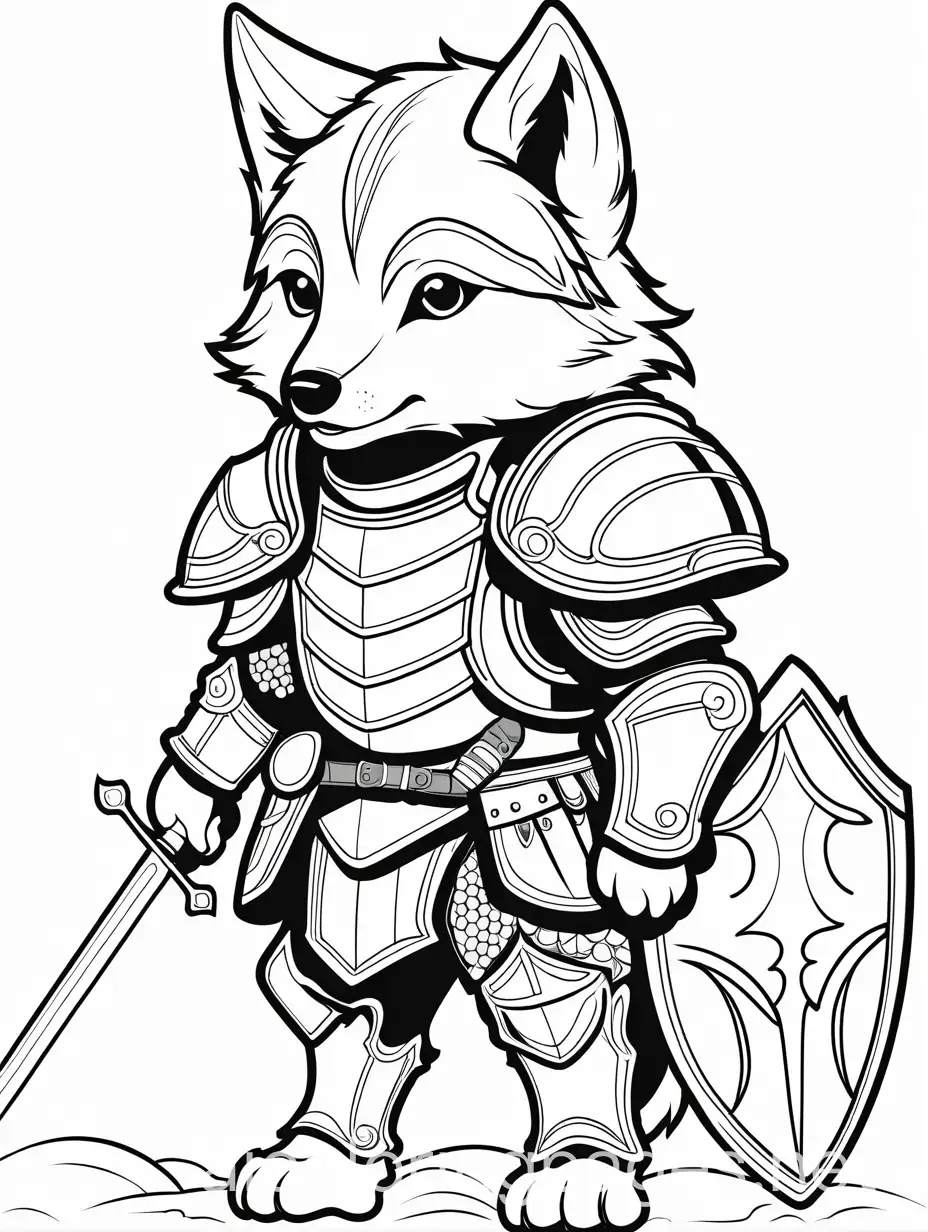 baby wolf in armour, Coloring Page, black and white, line art, white background, Simplicity, Ample White Space. The background of the coloring page is plain white to make it easy for young children to color within the lines. The outlines of all the subjects are easy to distinguish, making it simple for kids to color without too much difficulty
