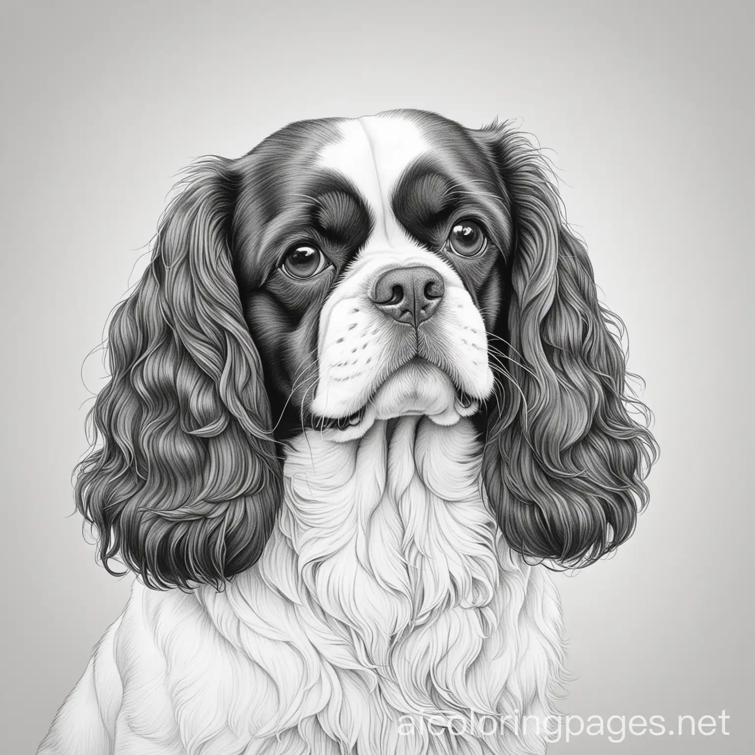 Charles Spaniel King, coloring page, black and white, line art, white background, simplicity, ample white space