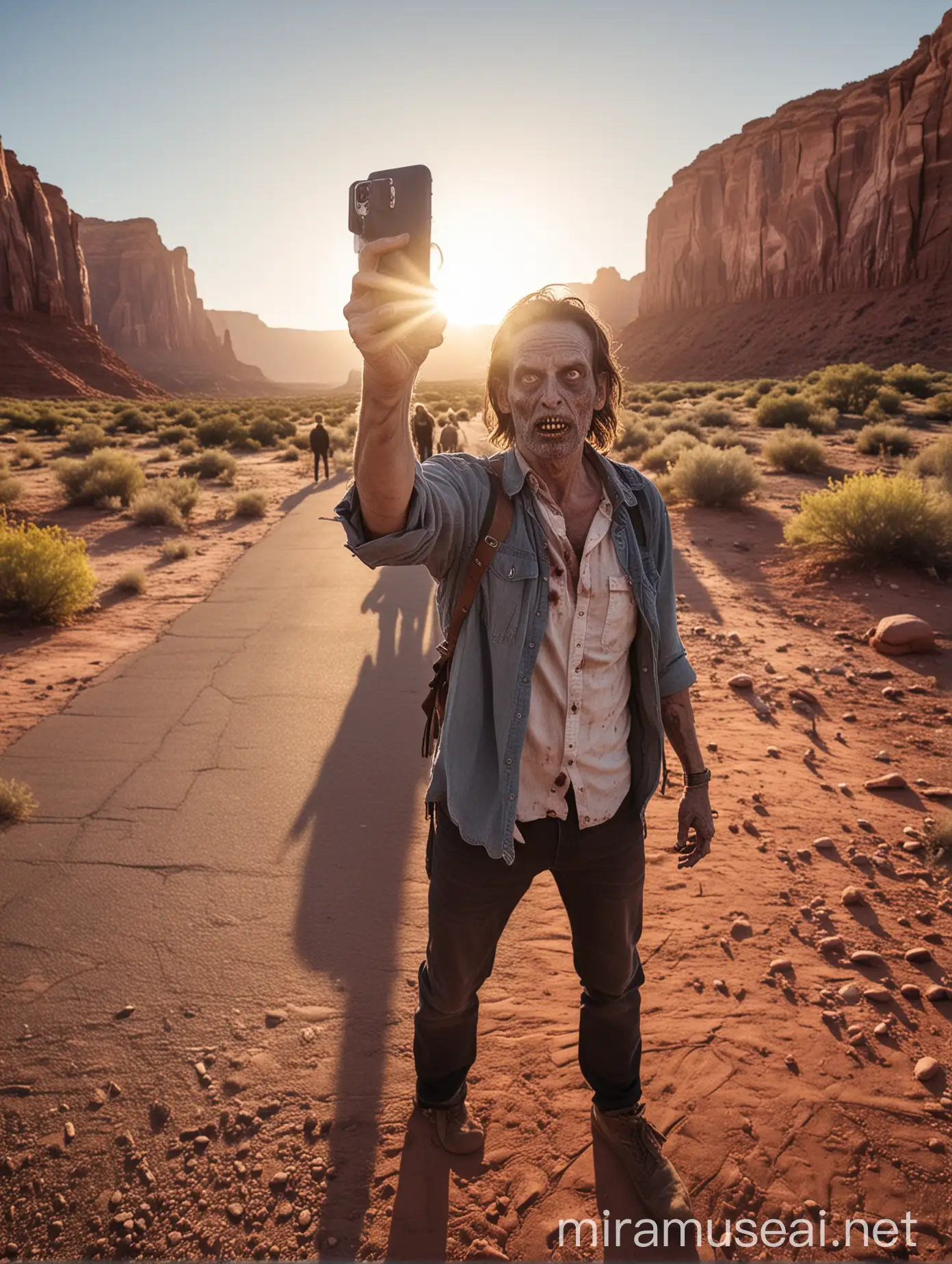 walking dead style zombie tourist in moab utah, taking a selfie in the evening light