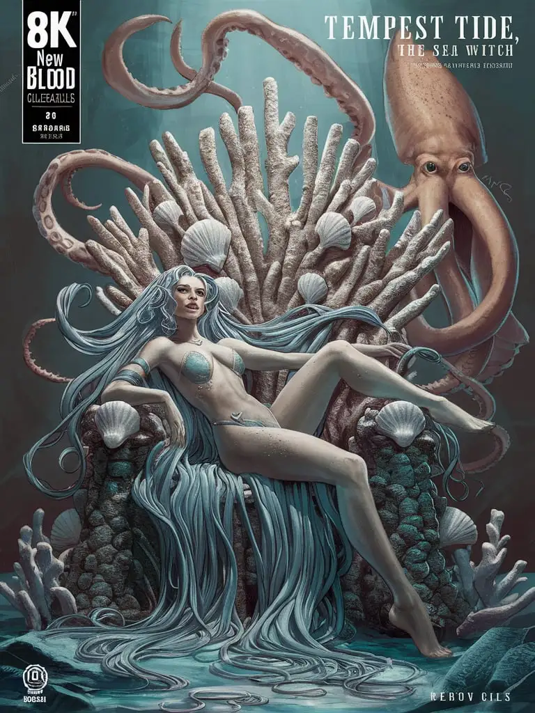 Design an 8K #1 comic book cover for "New Blood Collectables" featuring "Tempest Tide, the Sea Witch." Use FSC-certified uncoated matte paper, 80 lb (120 gsm), with a slightly textured surface. Description: The Sea Witch lounges on a throne made of coral and shells, her long hair flowing like the ocean currents, as a giant squid wraps its tentacles around her....