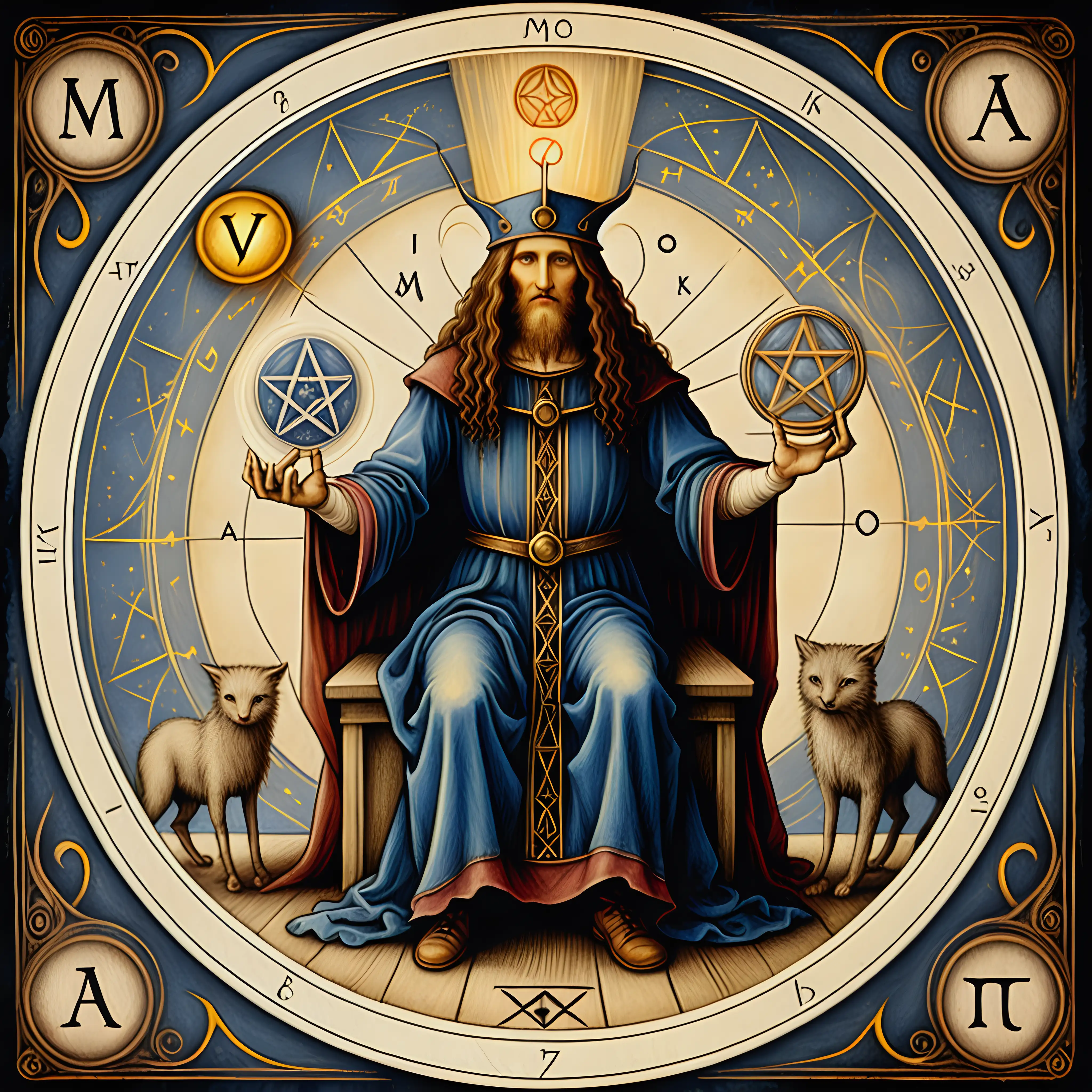 Tarot with all the original rider deck mystical symbols detailed painting in Leonardo da Vinci style  - The magician