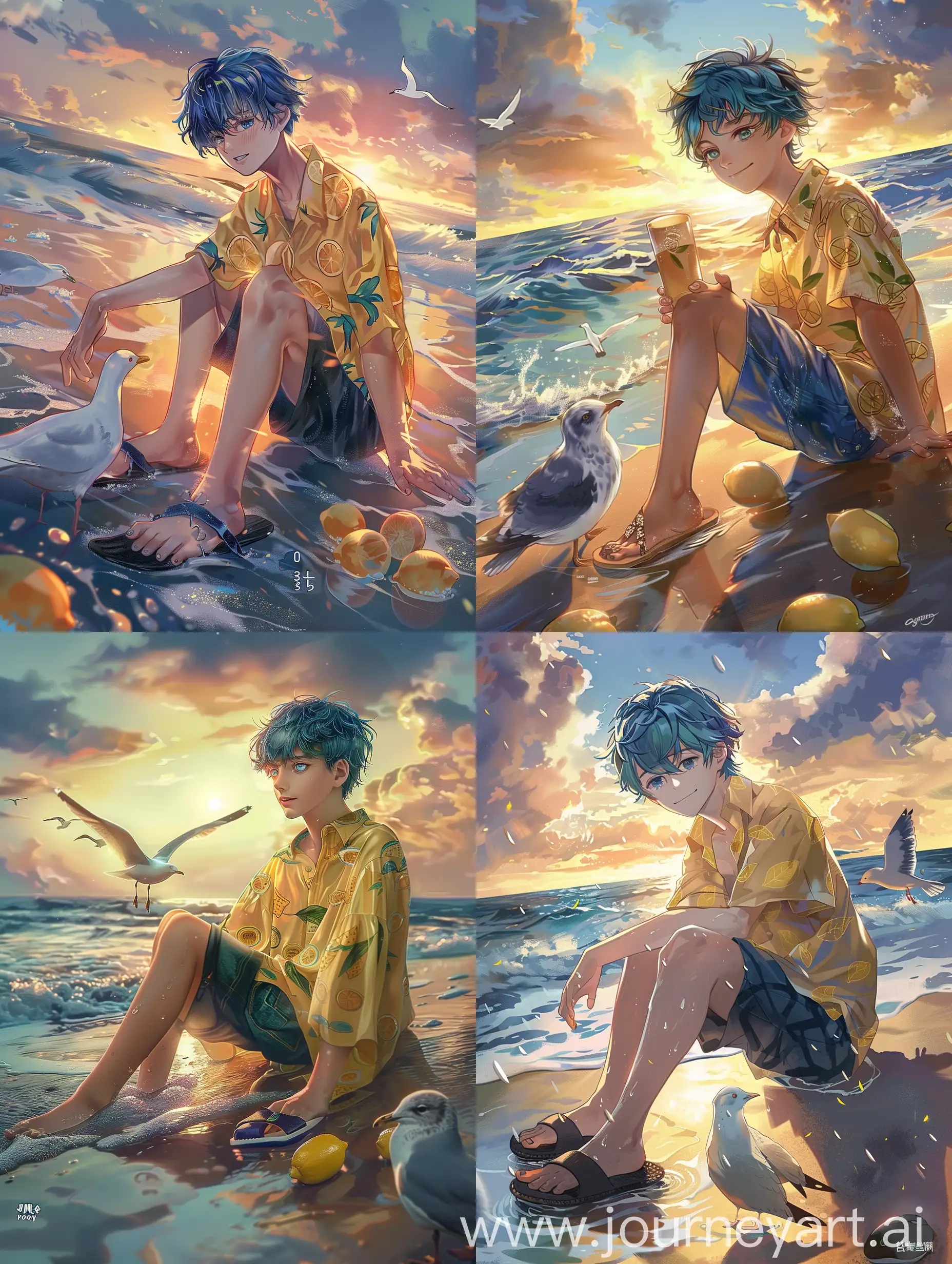 Молодой парень, синие волосы, голубые глаза, полупрозрачная желтая блузка с рисунками лимона, темные шорты, шлепанцы, сидит на берегу пляжа, закат, рядом ретвирер