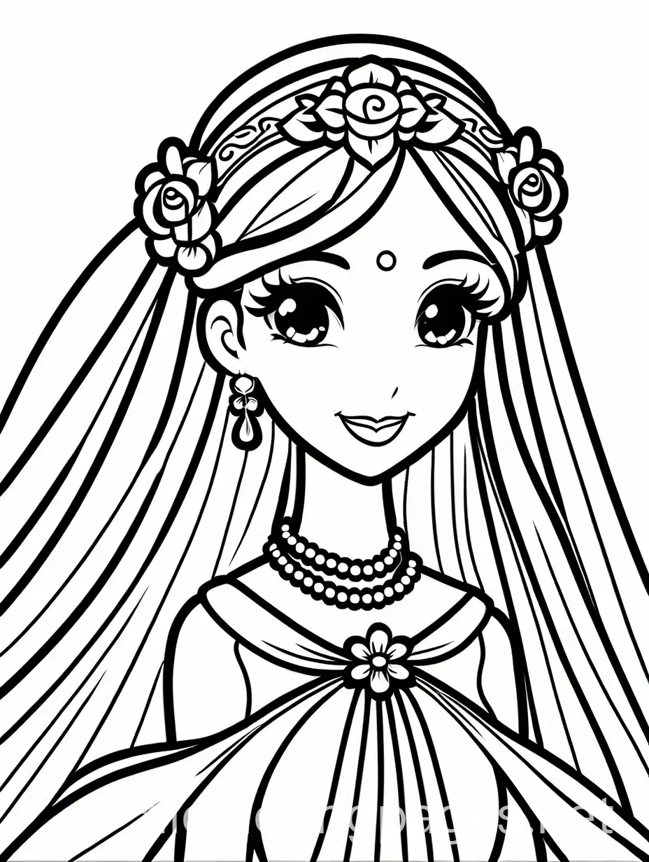 anime bridal girl with nosegay in full size pose, Coloring Page, black and white, line art, white background, Simplicity, Ample White Space. The background of the coloring page is plain white to make it easy for young children to color within the lines. The outlines of all the subjects are easy to distinguish, making it simple for kids to color without too much difficulty