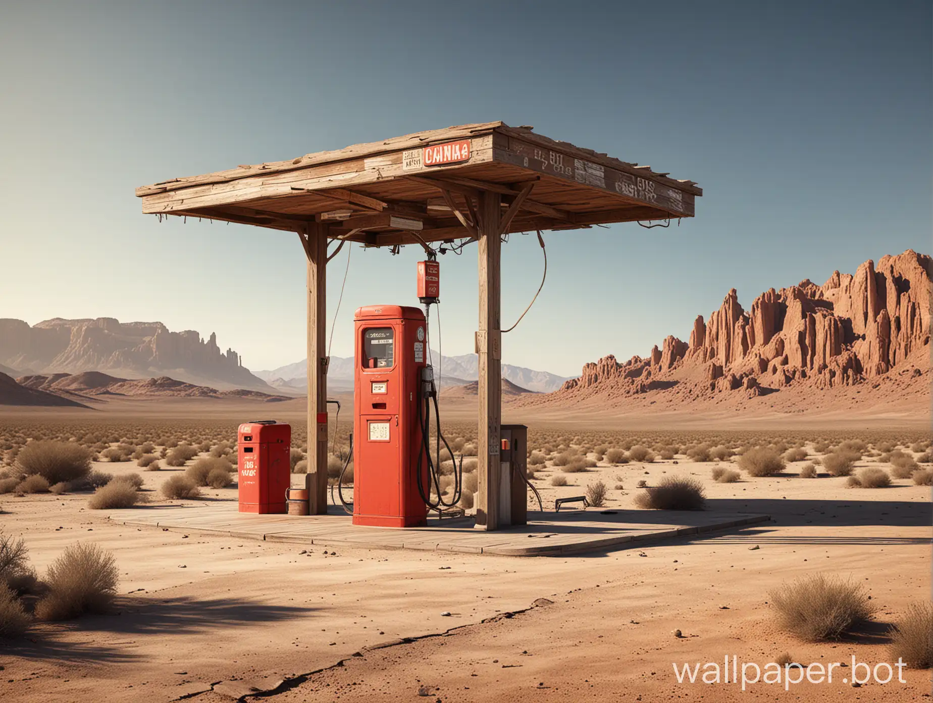A captivating, high-resolution 3D render of an old wooden gas station in a barren desert landscape. The gas station features a red gas pump and a rustic, weathered exterior. The photograph has a vibrant, cinematic quality, highlighting the architectural details and the dramatic contrast between the building and the desert environment. The overall atmosphere is both nostalgic and mysterious., illustration, vibrant, 3d render, architecture, cinematic, photo