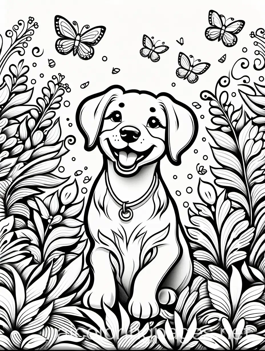Playful-Puppy-Chasing-Butterflies-Adult-Coloring-Page