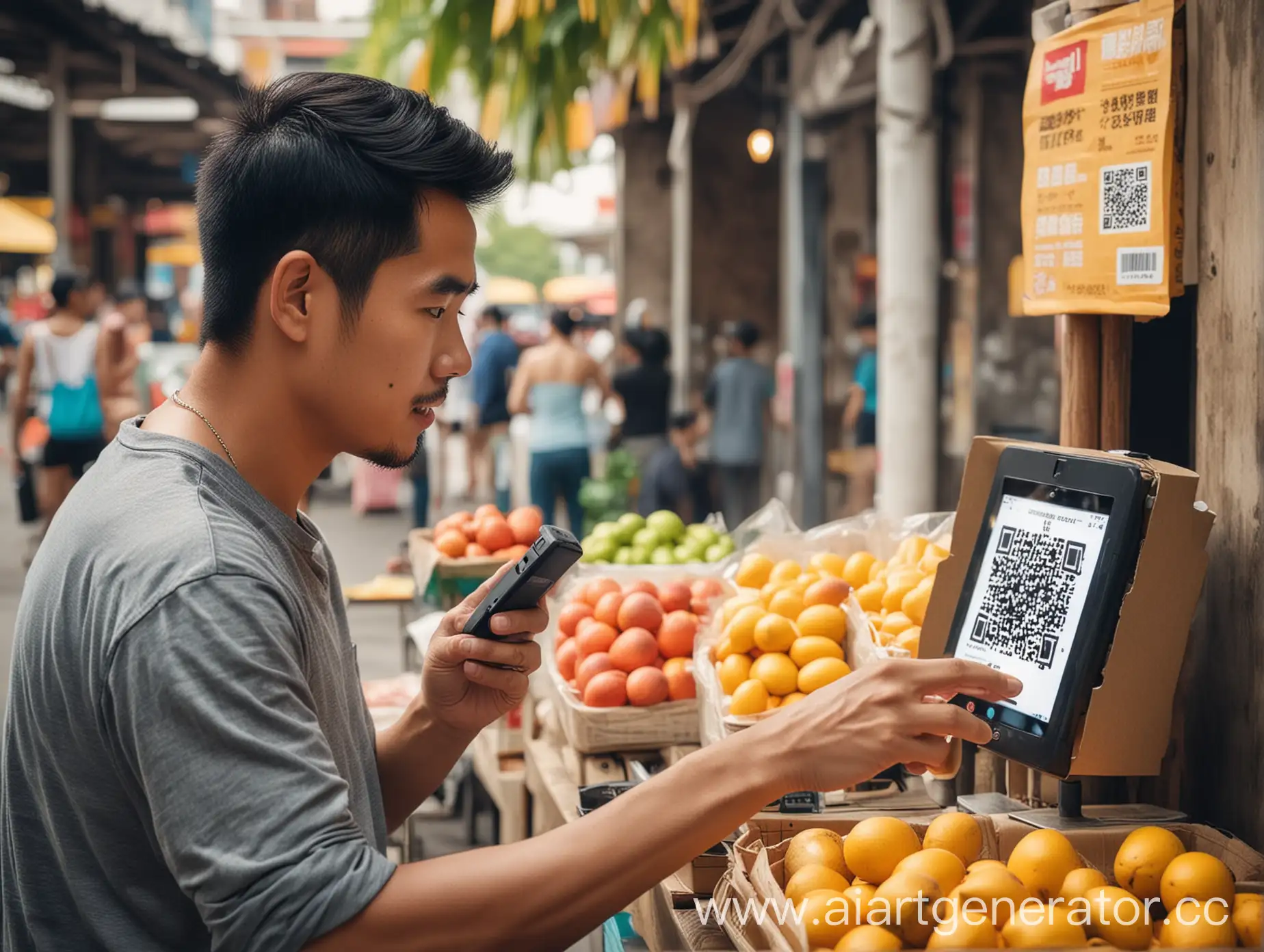 Человек сканирует QR код с помощью телефона. Человек из таиланда. Человек покупает манго с рисом. Человек находится рядом с прилавком с уличной едой и кассой