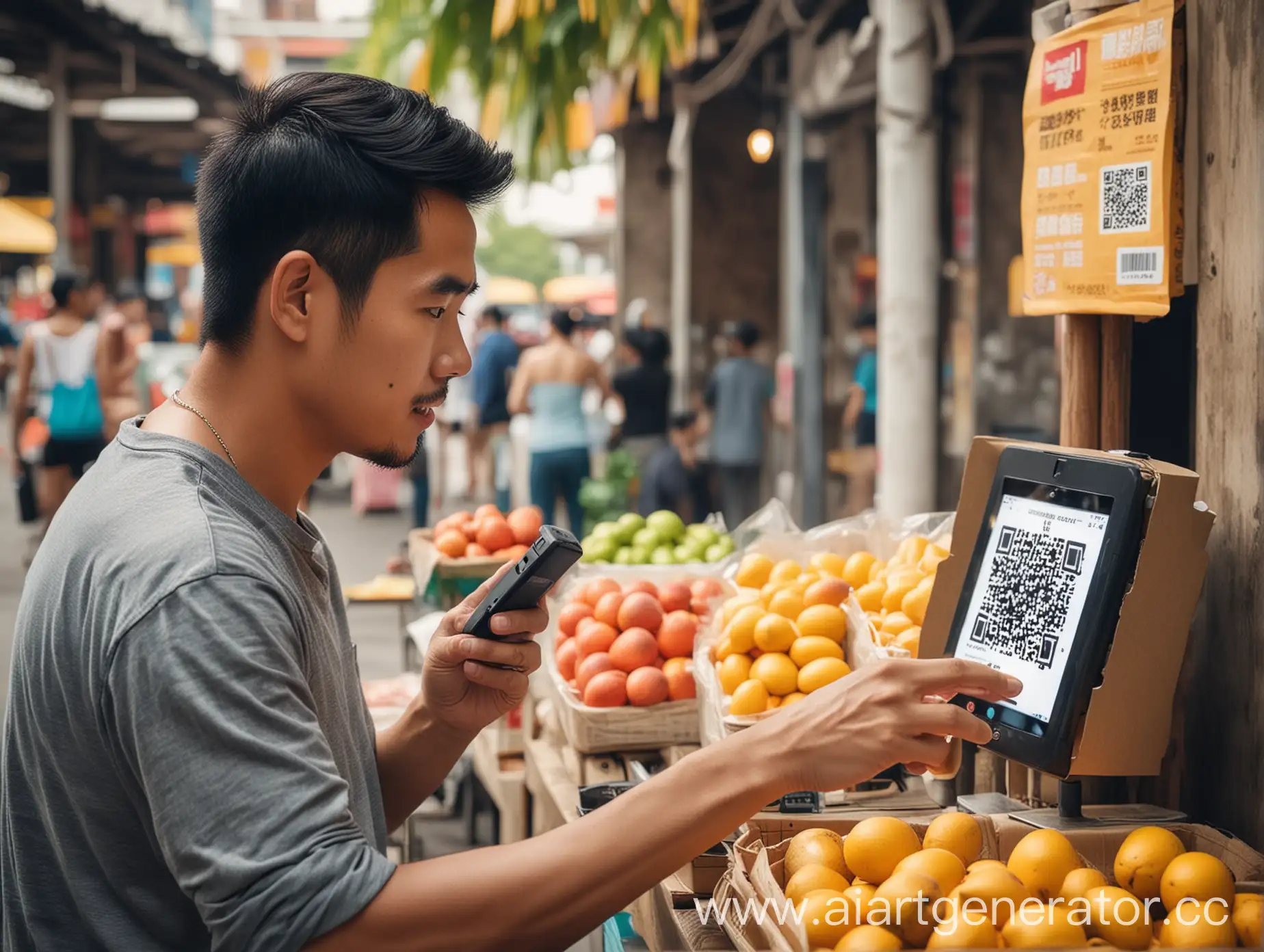 Thai-Man-Scanning-QR-Code-at-Street-Food-Stall