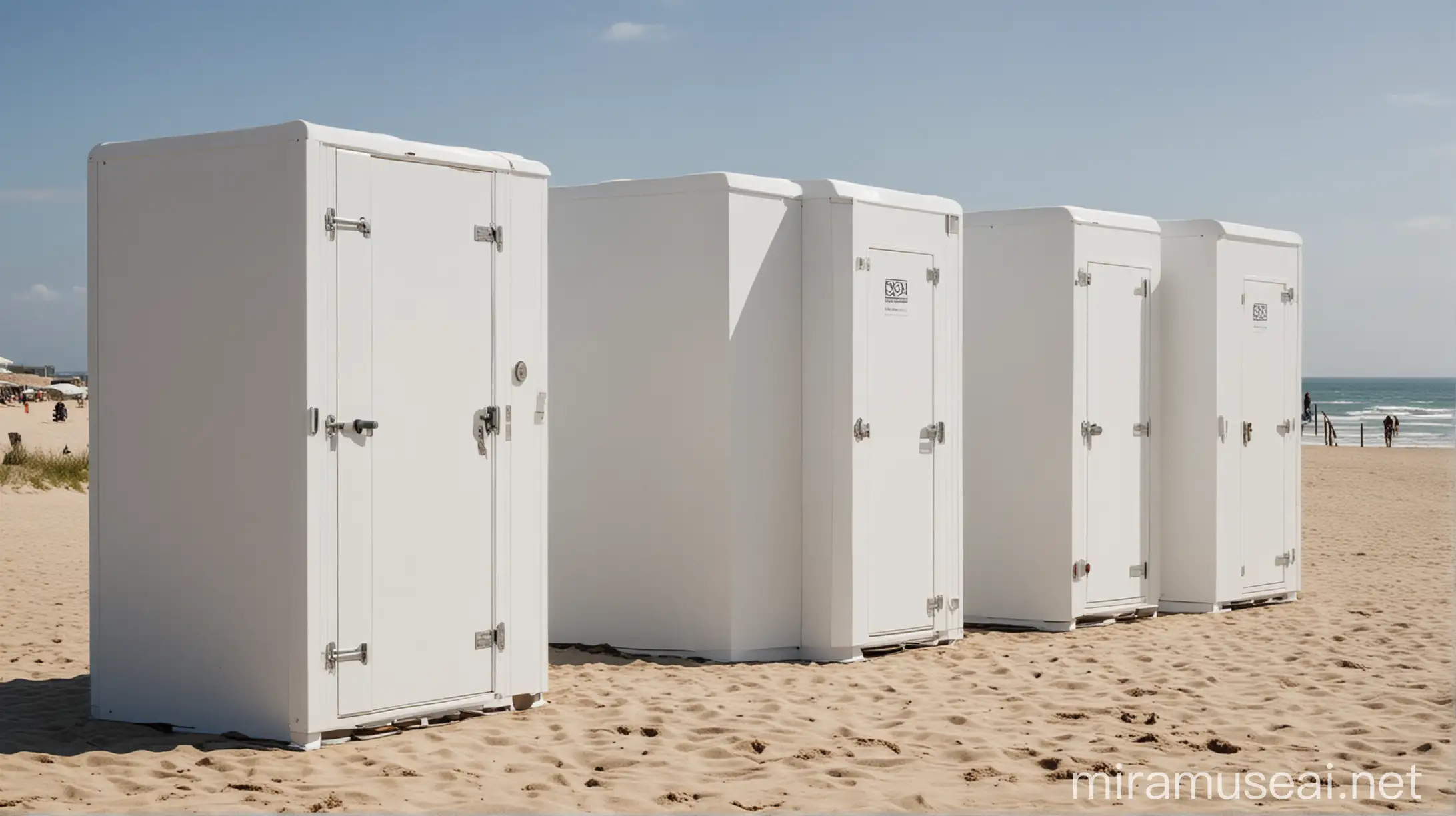picture 4 portable changing rooms to be used on the beach, featuring a clean white aesthetic. Each changing room should include a simple sign carrier affixed to the door, 
. The design should prioritize functionality and ease of use, while maintaining a modern and minimalist appearance. 