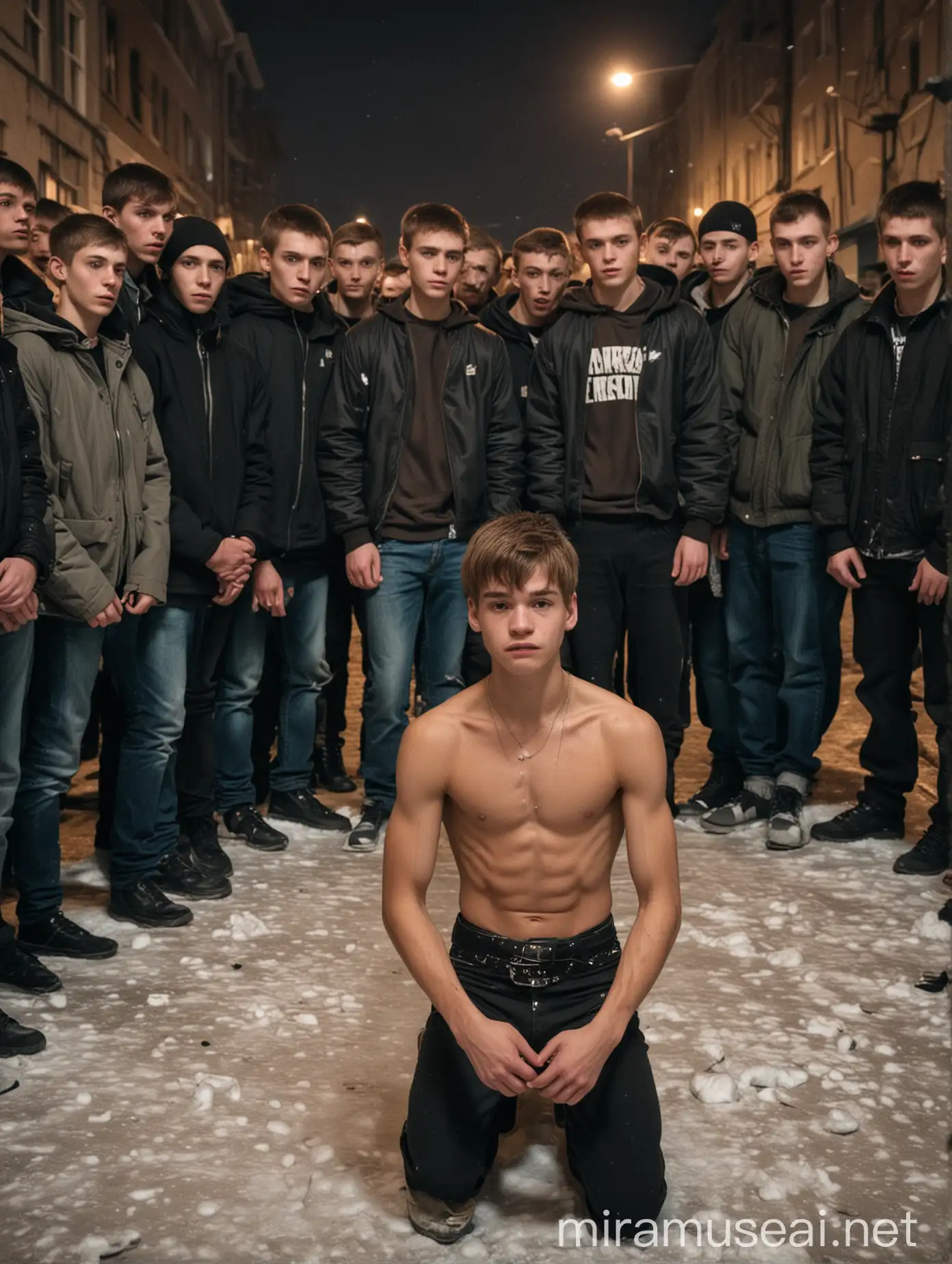 Fearful Twink Kneeling Before Teenage Tormentors in St Petersburg Slum at Night