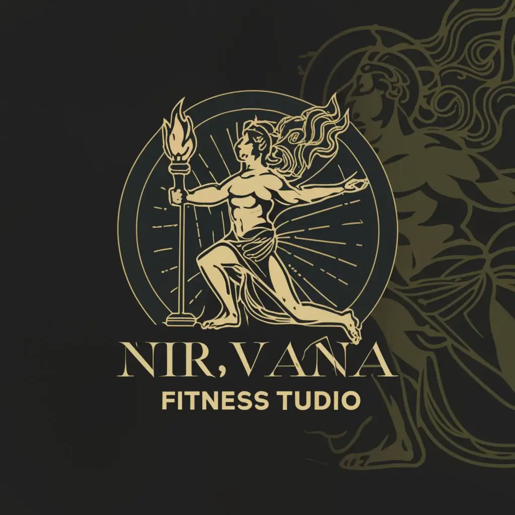 a logo design,with the text "nirvana fitness studio", main symbol:Logo Design:
In the center of the logo, depict a powerful and athletic figure resembling a Greek god or goddess in a dynamic pose, symbolizing strength, grace, and fitness. The figure could be holding a symbol of balance or enlightenment, such as a torch or a laurel wreath, representing the pursuit of physical and mental well-being.

Surrounding Elements:
Surround the central figure with abstract geometric patterns or ornate flourishes reminiscent of ancient Greek motifs, adding a sense of grandeur and sophistication to the design.

Typography:
Choose a bold and elegant font for the studio's name, "NIRVANA FITNESS STUDIO," positioned either above or below the central image. Consider incorporating subtle Greek-inspired accents or motifs into the typography to tie it in with the overall theme.

Color Palette:
Opt for a rich and regal color palette inspired by ancient Greek art and architecture. Deep blues, earthy greens, and gold accents can convey a sense of strength, vitality, and prestige, while also adding a touch of luxury to the design.

Overall Style:
The logo should exude a sense of timeless elegance and strength, drawing inspiration from classical Greek art and mythology. Aim for a harmonious balance between modern aesthetics and ancient symbolism to create a visually striking and memorable logo for Nirvana Fitness Studio.
,Moderate,be used in Sports Fitness industry,clear background