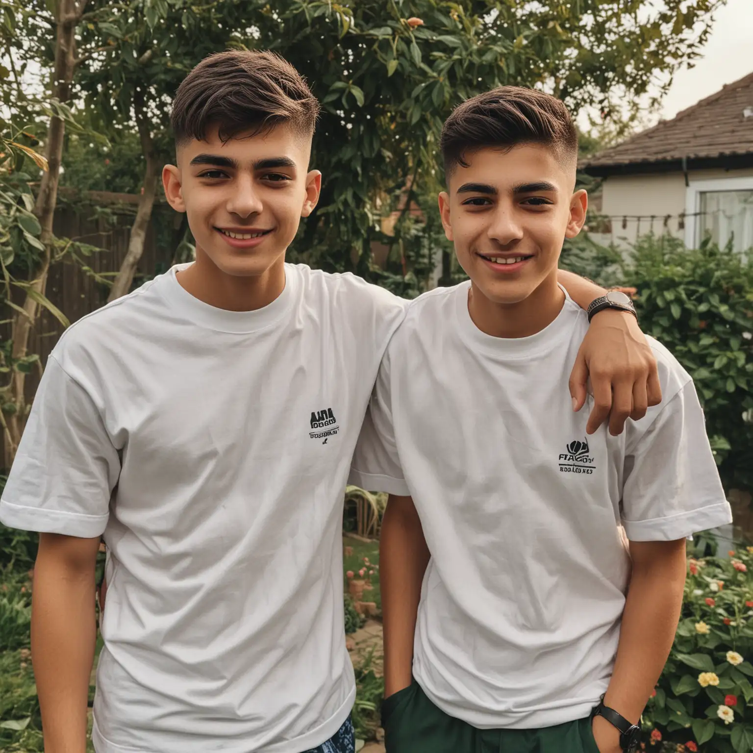 two brothers, one is around 20 years old, the other is around 14 years old, theyre race is persian, they have skin fade haircuts, they are wearing shirts, they are outside having fun in a garden
