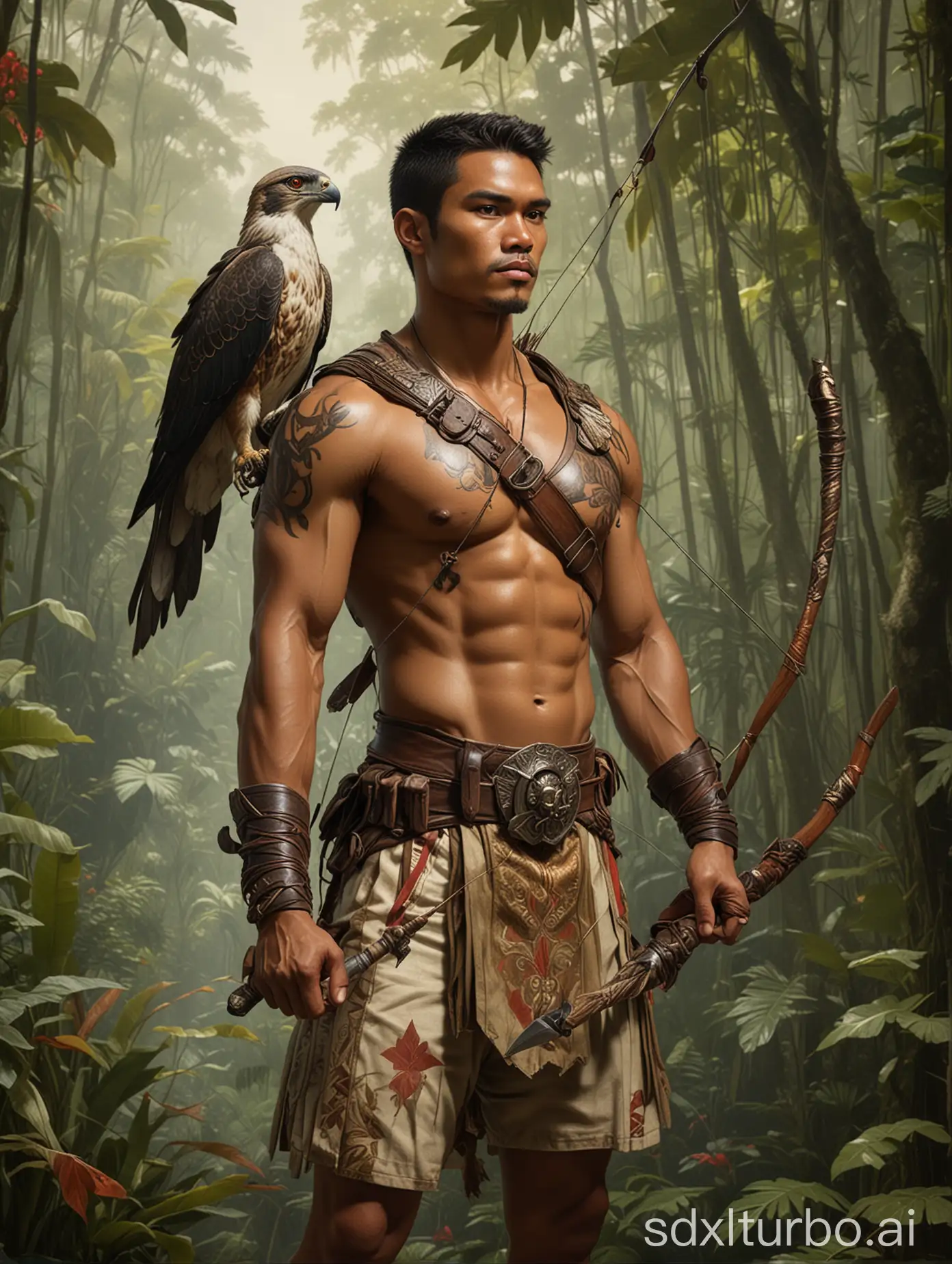 A full-body shot of a handsome, tall, and muscular Philipino-Java descent, with rough-looking guy in a sensual traditional archer costume. With a falcon pet. With a background of an Indonesian rainforest in the style of painting by Leyendecker.