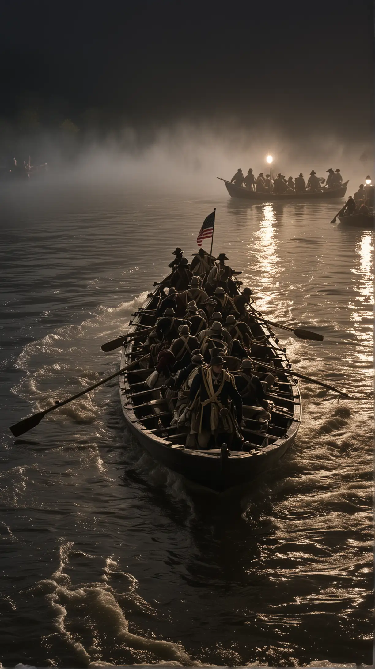  A dramatic reenactment of Washington crossing the Delaware River. Soldiers in colonial garb row a boat through choppy water, illuminated by the faint glow of dawn.
