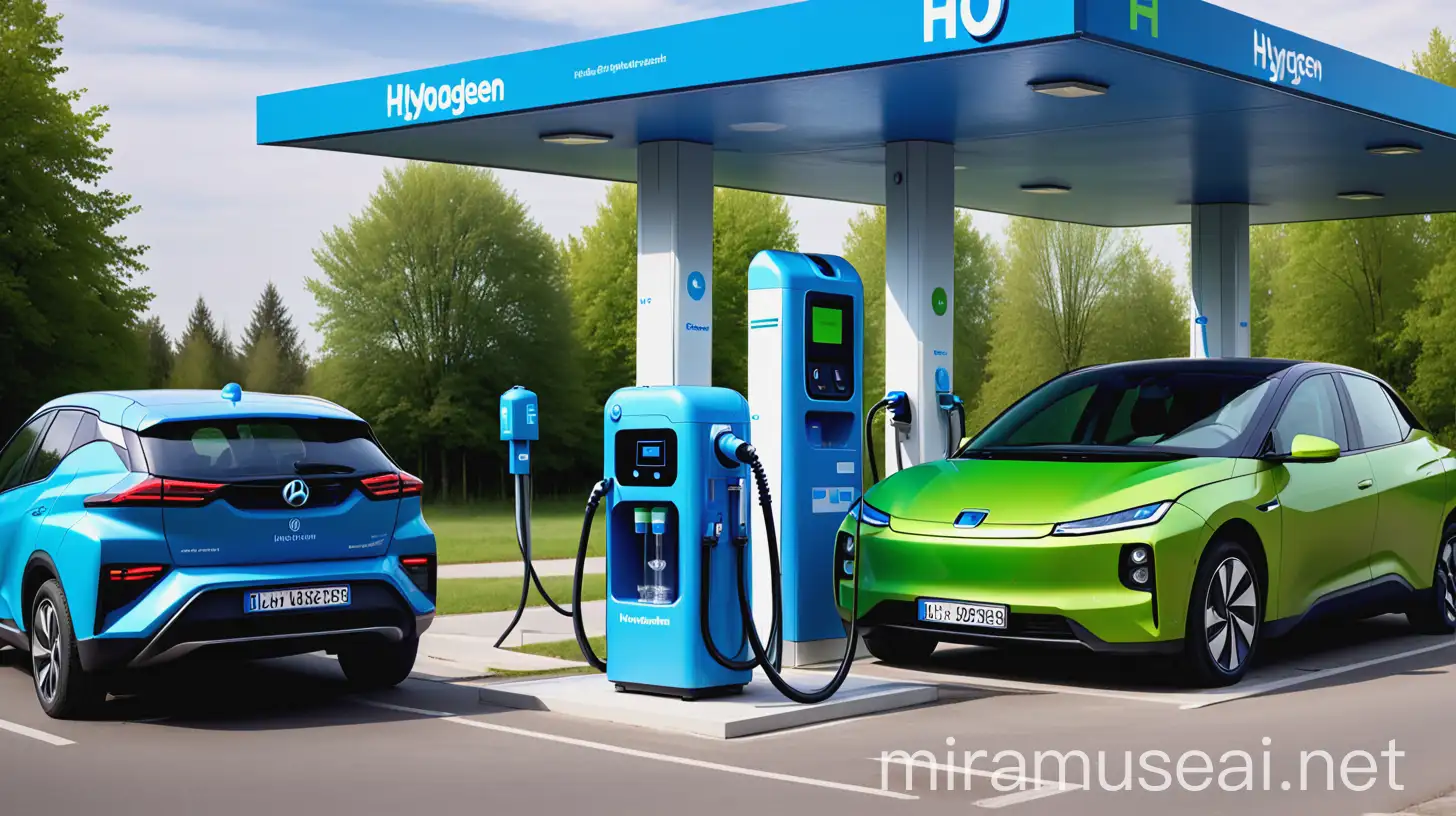 Tankstelle: 
links der Bildmitte eine blaue Wasserstoffzapfsäule,
rechts der Bildmitte eine grüne Stromzapfsäule;
links im Bild ein blaues Wasserstoffauto,
rechts im Bild ein grünes Elektroauto