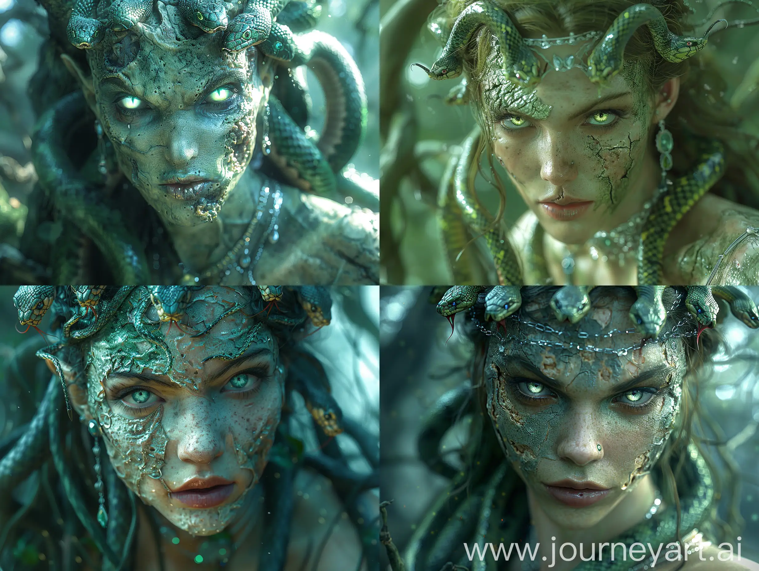 a photorealistic image of the evil witch medusa with snake heads on her head. She has glowing eyes, bad peeling green skin. She looks meanly into the camera. She wears silver jewelry with gemstones. She is in an enchanted forest. moonlight shines through the trees. very detailed --s 1000