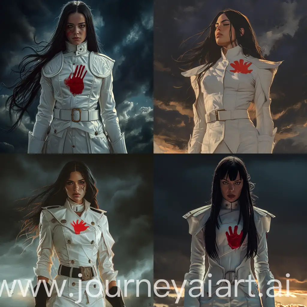 a woman in a white [outfit:uniform] ,epaullettes, (red handprint on her chest ),(black long haircut), standing in front of a dark sky, lotara sarrin, Aleksi Briclot, western comic book art, a character portrait, art by angus mckie, (intricate details), (hyperdetailed), 8k hdr, soft cinematic light, dramatic atmosphere, atmospheric perspective
 
Negative prompt: blur, blurry, text, error, signature, watermark, logo,, Glossy, shiny, Armor, helmet, easynegative, BadDream, missing limbs, missing legs, atrocity, boring, camera, Watermark, Text, censored, deformed, bad anatomy, disfigured, poorly drawn face, mutated, extra limb, ugly, poorly drawn hands, missing limb, floating limbs, disconnected limbs, disconnected head, malformed hands, long neck, mutated hands and fingers, bad hands, missing fingers, cropped, worst quality, low quality, mutation, poorly drawn, huge calf, bad hands, fused hand, missing hand, disappearing arms, disappearing thigh, disappearing calf, disappearing legs, missing fingers, fused fingers, abnormal eye proportion, Abnormal hands, abnormal legs, abnormal feet, abnormal fingers, cartoon, painting, illustration, (worst quality, low quality, normal quality:2) 
Steps: 112, Sampler: DPM++ 2M, Schedule type: Karras, CFG scale: 7, Seed: 1688584751, Size: 1024x1024, Model hash: 835d65144c, Model: zavychromaxl_v60, Denoising strength: 1, Downcast alphas_cumprod: True, Pad conds: True, Version: 1.9.3
