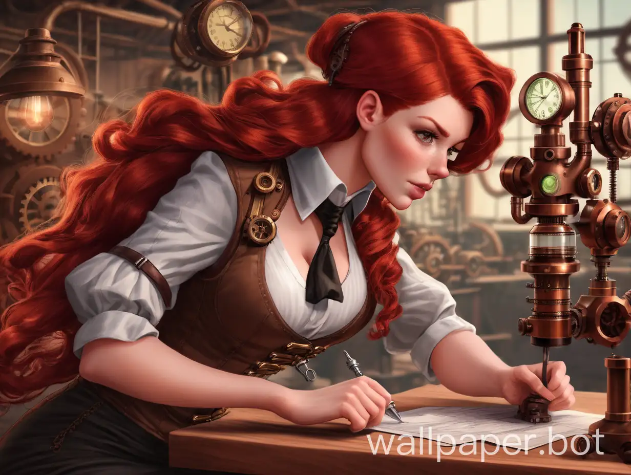 steampunk redhead working