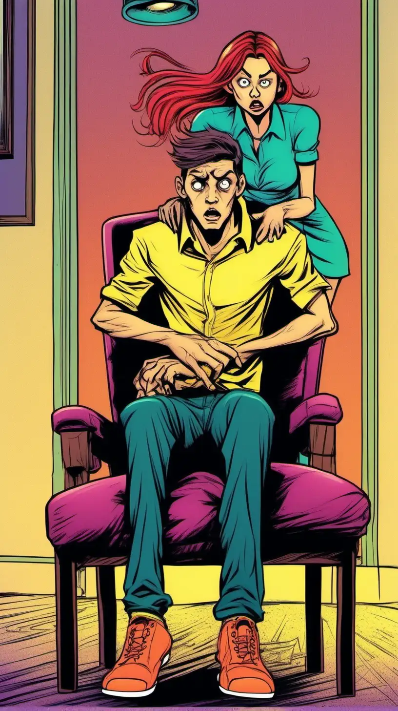 Cartoony color:  A scared young man sits in a chair.  A young hot intense girl bends over to whispersin his ear.