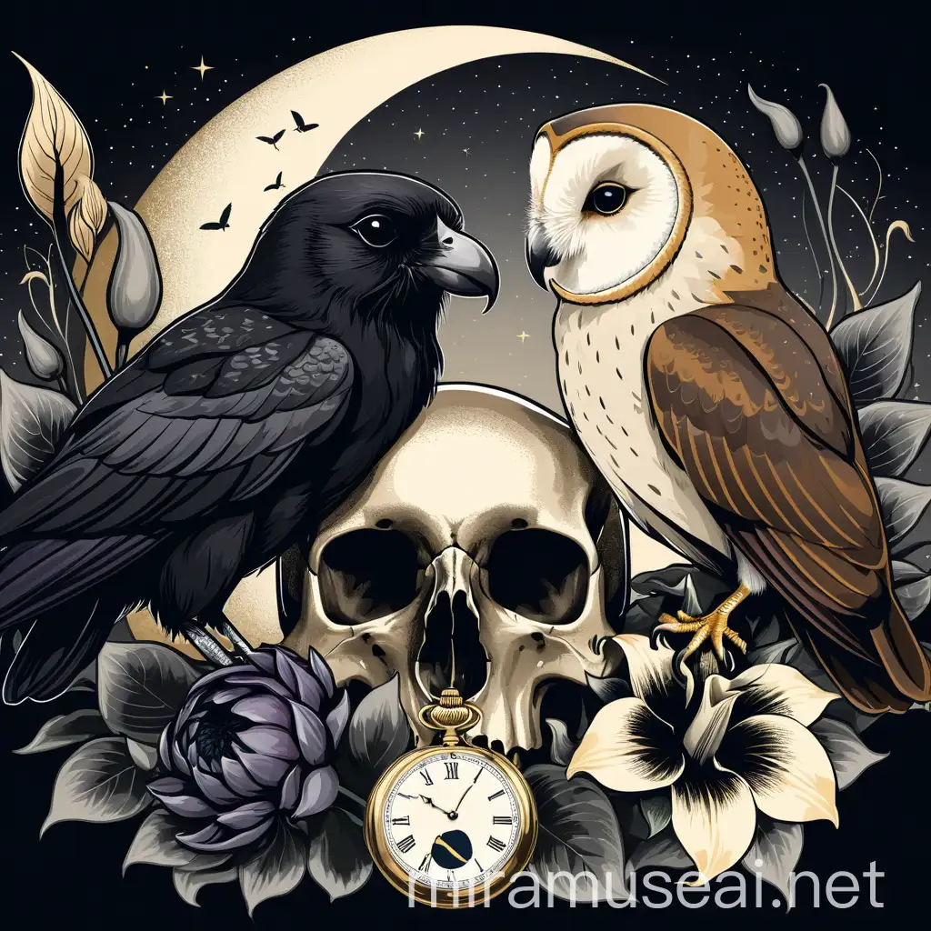 Crow and Barn Owl Meeting on Skull with Pocket Watch