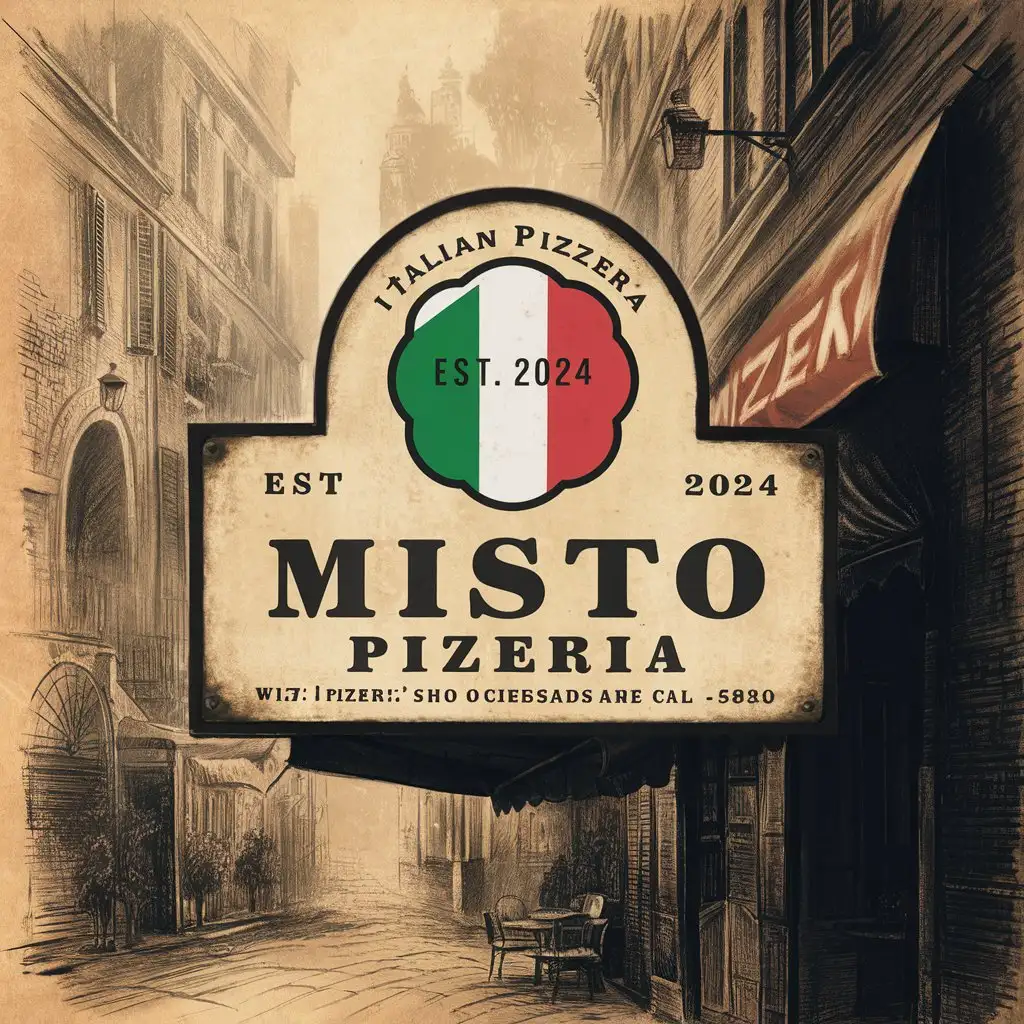 Misto Pizzeria, Emblem, Slim, Ornament, White background, Classic , Emblem, EST 2024 , Italy flag, Slogan Slice of Italy , Sketched Italian City, Old School, Foggy atmosphere, Call us now 01204857783