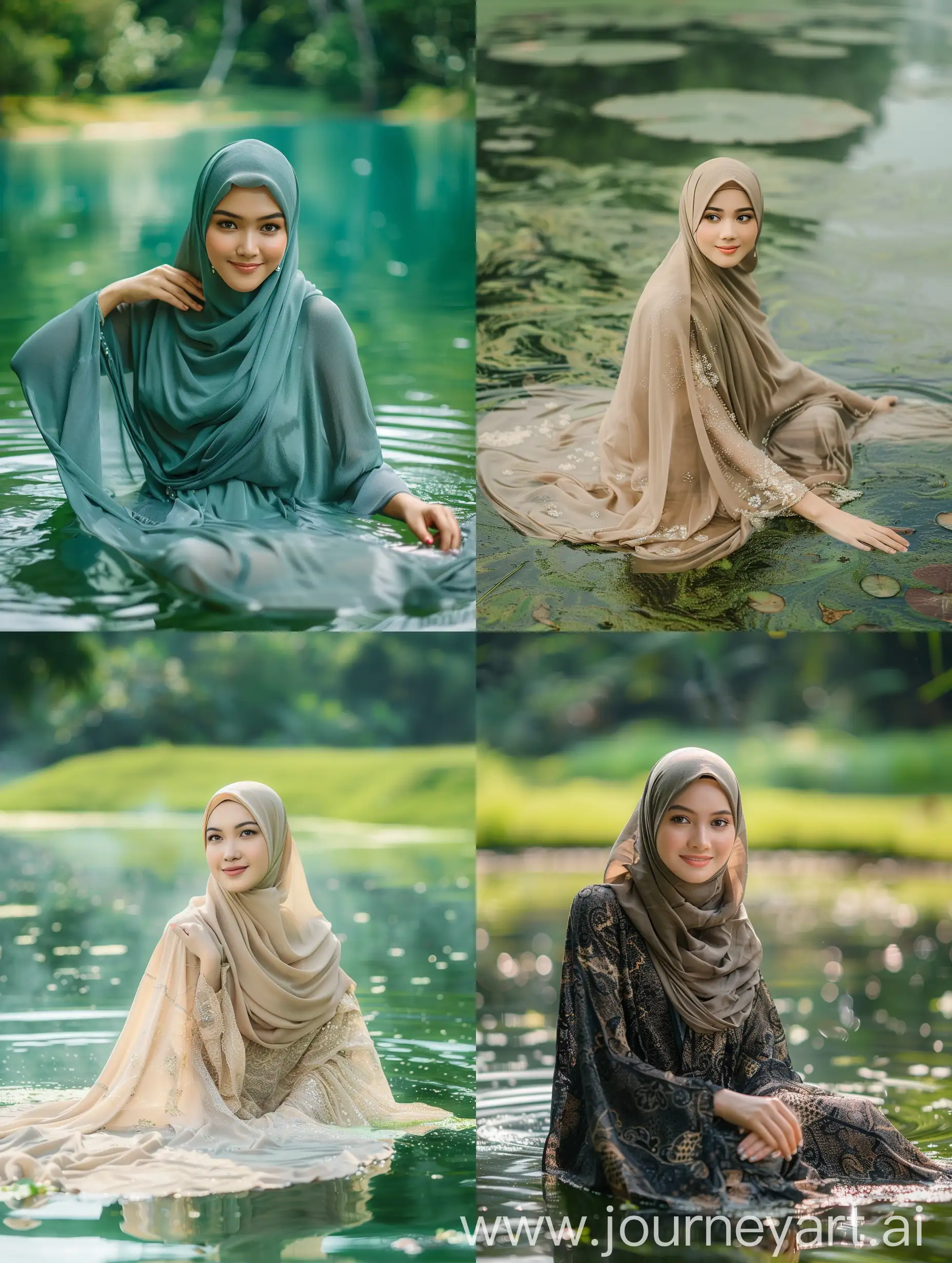 Beautiful-Indonesian-Woman-in-Hijab-Sitting-by-Pond-on-Green-Lawn