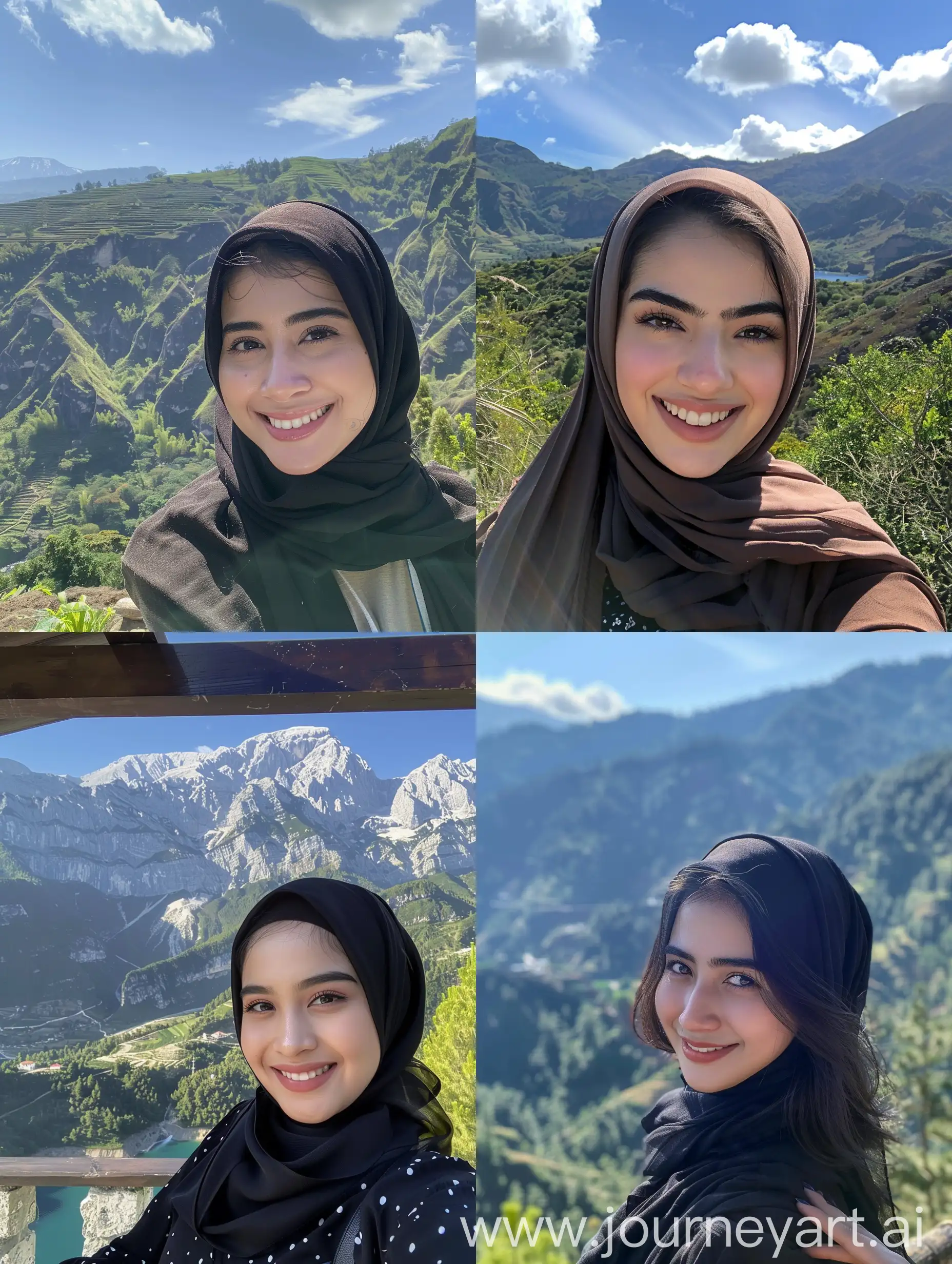A typical Instagram selfie taken on iPhone. A dark-haired young woman poses in front of a beautiful mountain landscape, smiling brightly. The woman hijab looks happy, but tired. The image is a phone shot of low quality