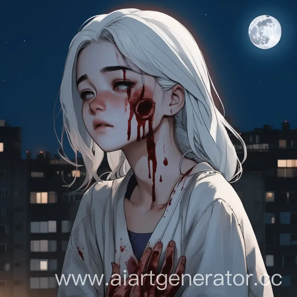 a 16-year-old girl with tired eyes, with bruises under her eyes, with blood on her hands, with white hair, drowned in darkness among multi-storey buildings, the moon above the floors