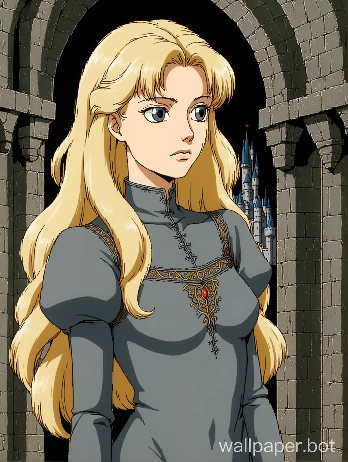 1990s retro anime, portrait of a young and attractive white woman, she has long wavy white-blonde hair, standing regally, elegant and slender, thin sharp face, kind and sullen expression, wearing a sheer thin dark grey skintight medieval dress, decorative stitching, medieval elegance, 1980s retro anime, castle interior