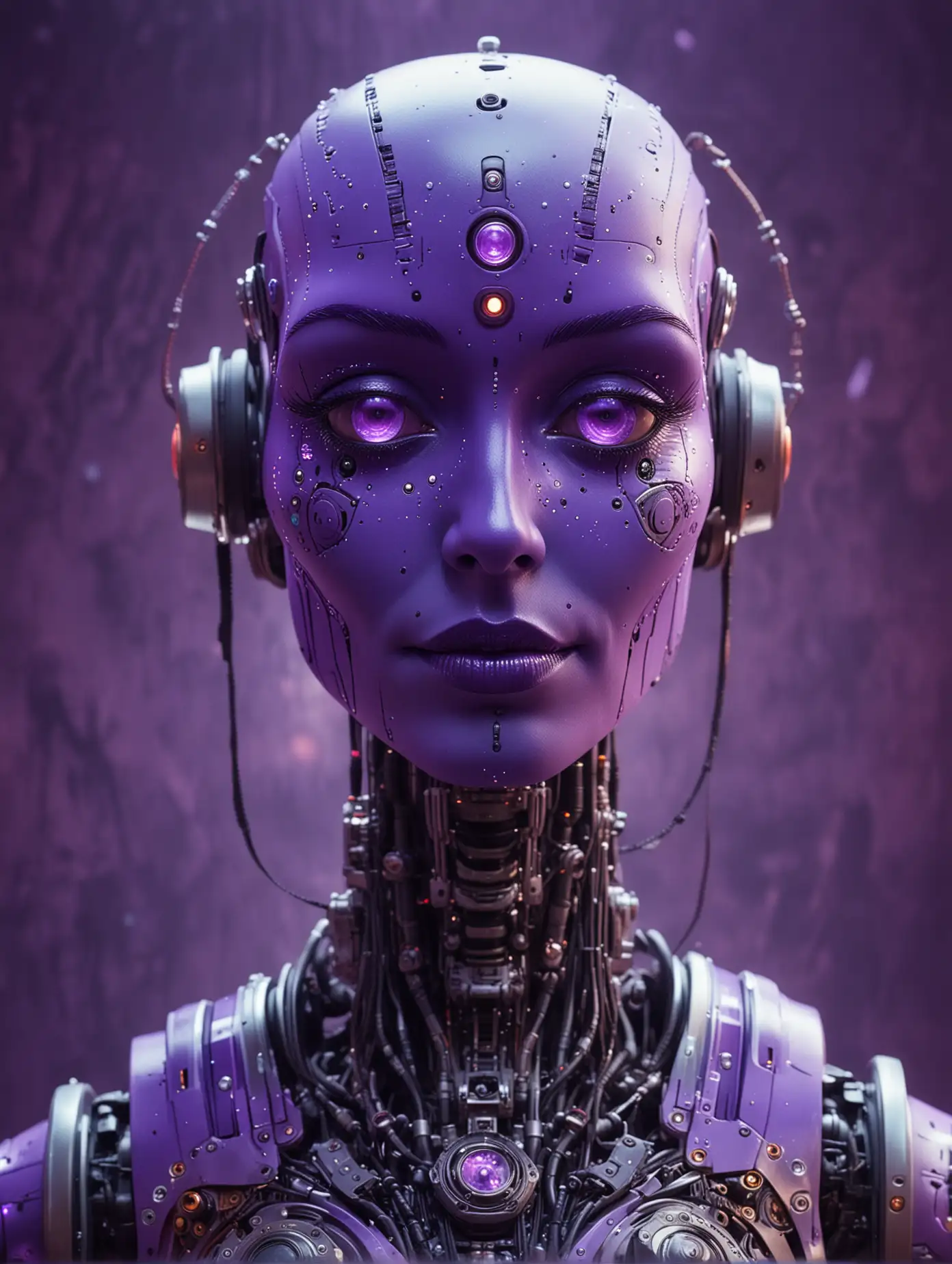 Mystic circus soothsayer robot future predictor machine. Happy. Looking into camera. Purple skin.