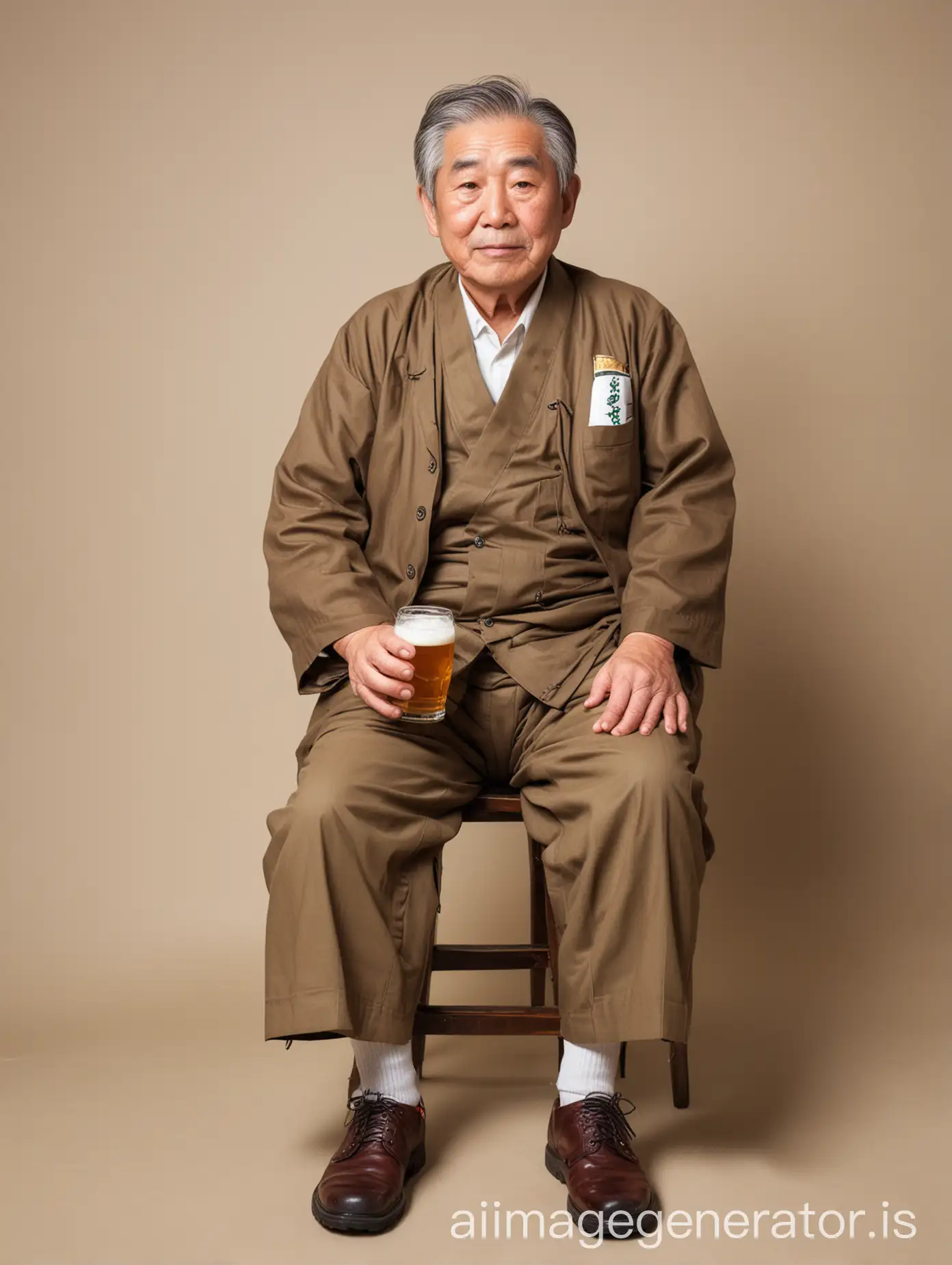 full body shot of elderly fat japanese man sitting with beer