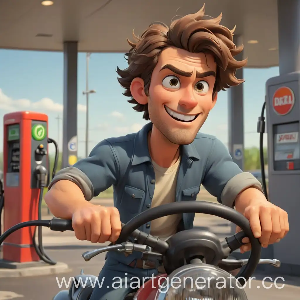 Cartoon-Handsome-Mans-Car-Out-of-Gas-at-the-Fuel-Station