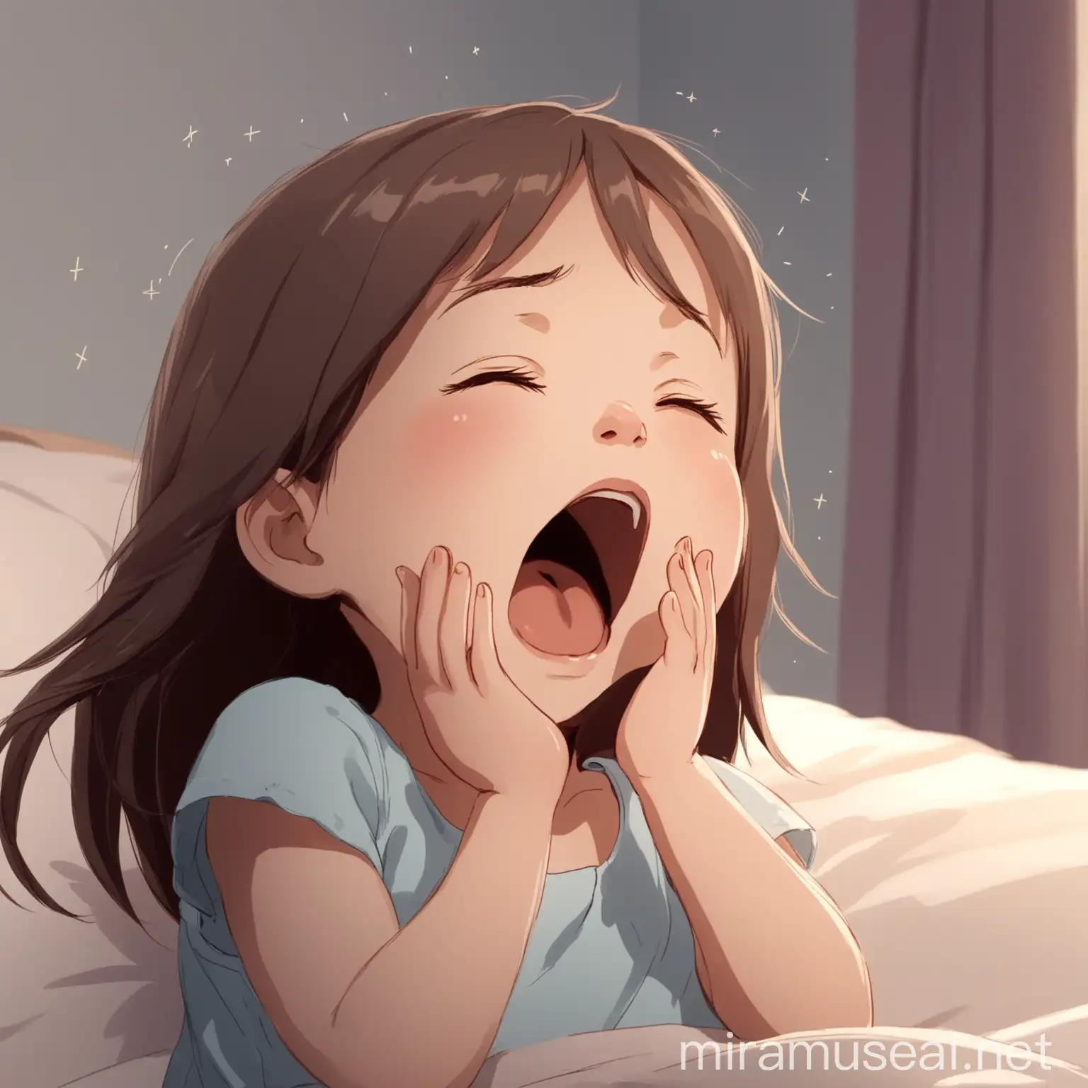 Adorable Animated Little Girl Yawning in the Early Morning Light