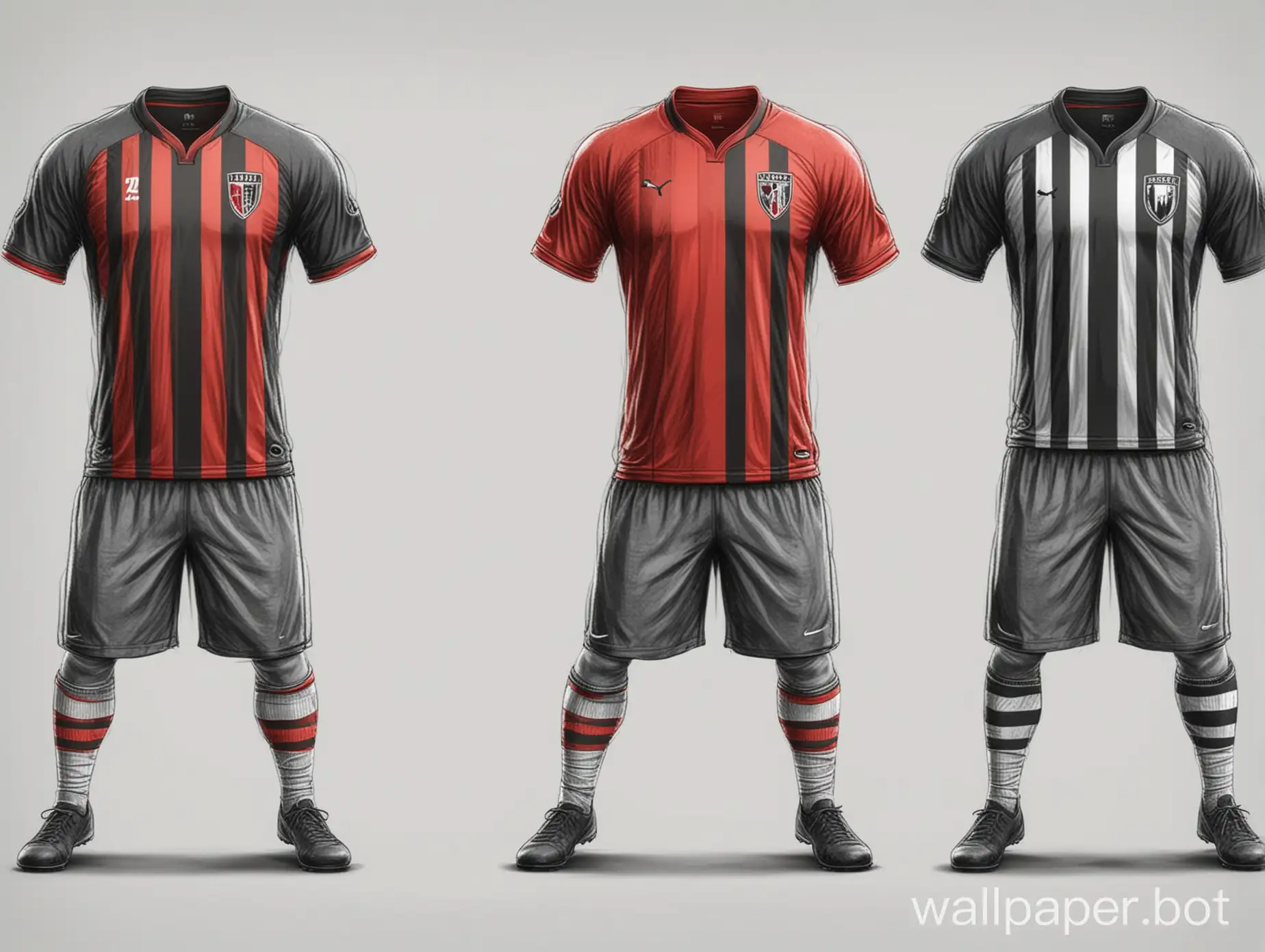 sketch Soccer uniform 2 variants red-black-gray color vertical stripes on white background sketch concept form