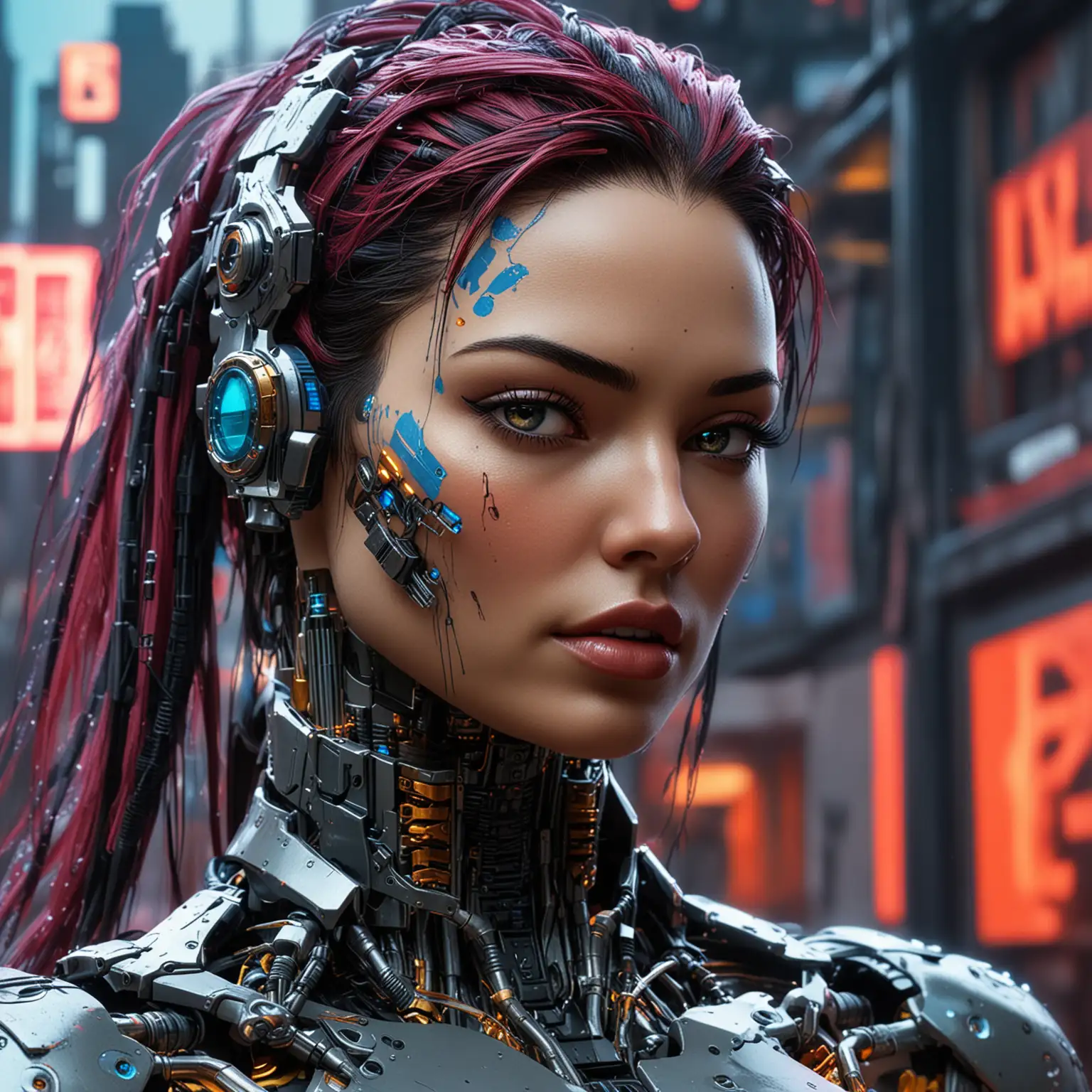 cybernetic goddess, supermodel build, enhancements in a cyberpunk kingdom Hyperrealistic, splash art, concept art, mid shot, intricately detailed, color depth, dramatic, 2/3 face angle, side light, colorful background by banks and frank miller