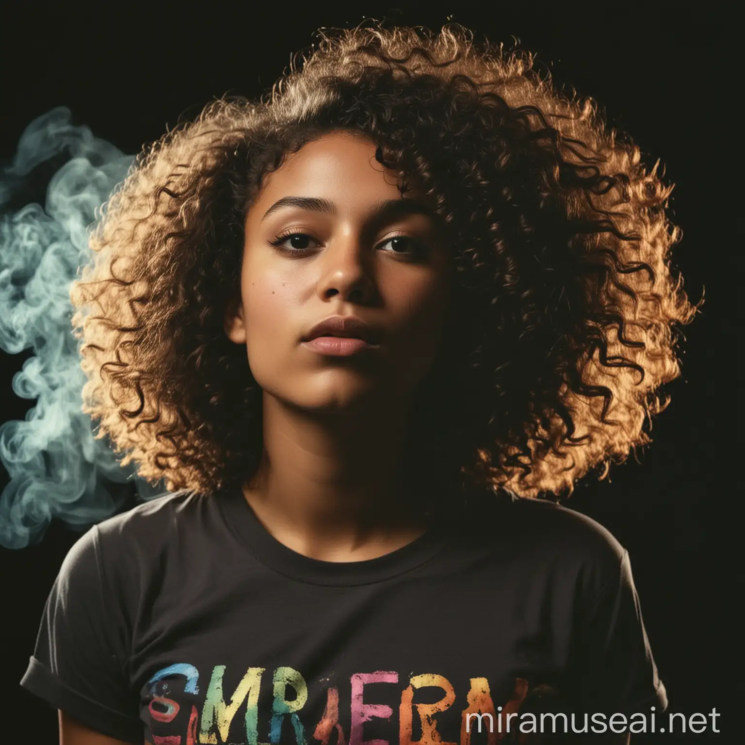 three-quarter medium portrait shot of a curly-haired young dark-skinned woman wearing a tshirt, looking up with black background and colorful smoke behind her. style is dark, noir and kodak gold 400.