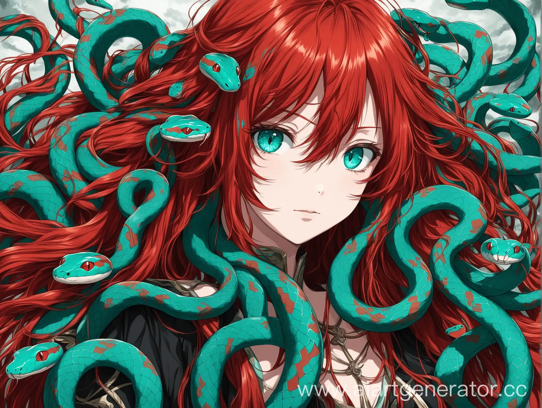 Anime-Girl-with-Red-Hair-and-Turquoise-Highlights-Surrounded-by-Serpentine-Tresses