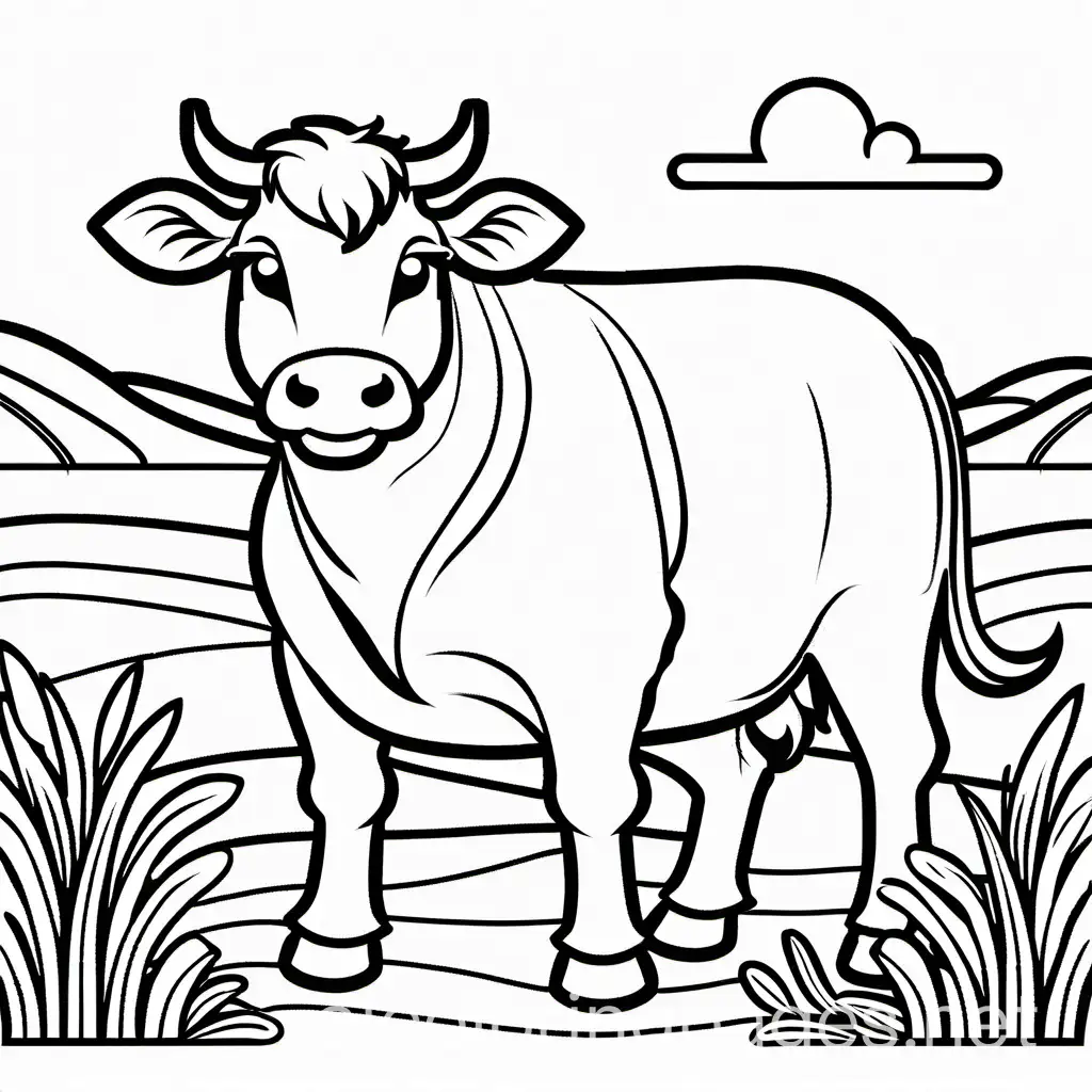 cute cow,  colouring page, infant, thick lines, no shading, ample white space, cartoon style, Coloring Page, black and white, line art, white background, Simplicity, Ample White Space. The background of the coloring page is plain white to make it easy for young children to color within the lines. The outlines of all the subjects are easy to distinguish, making it simple for kids to color without too much difficulty