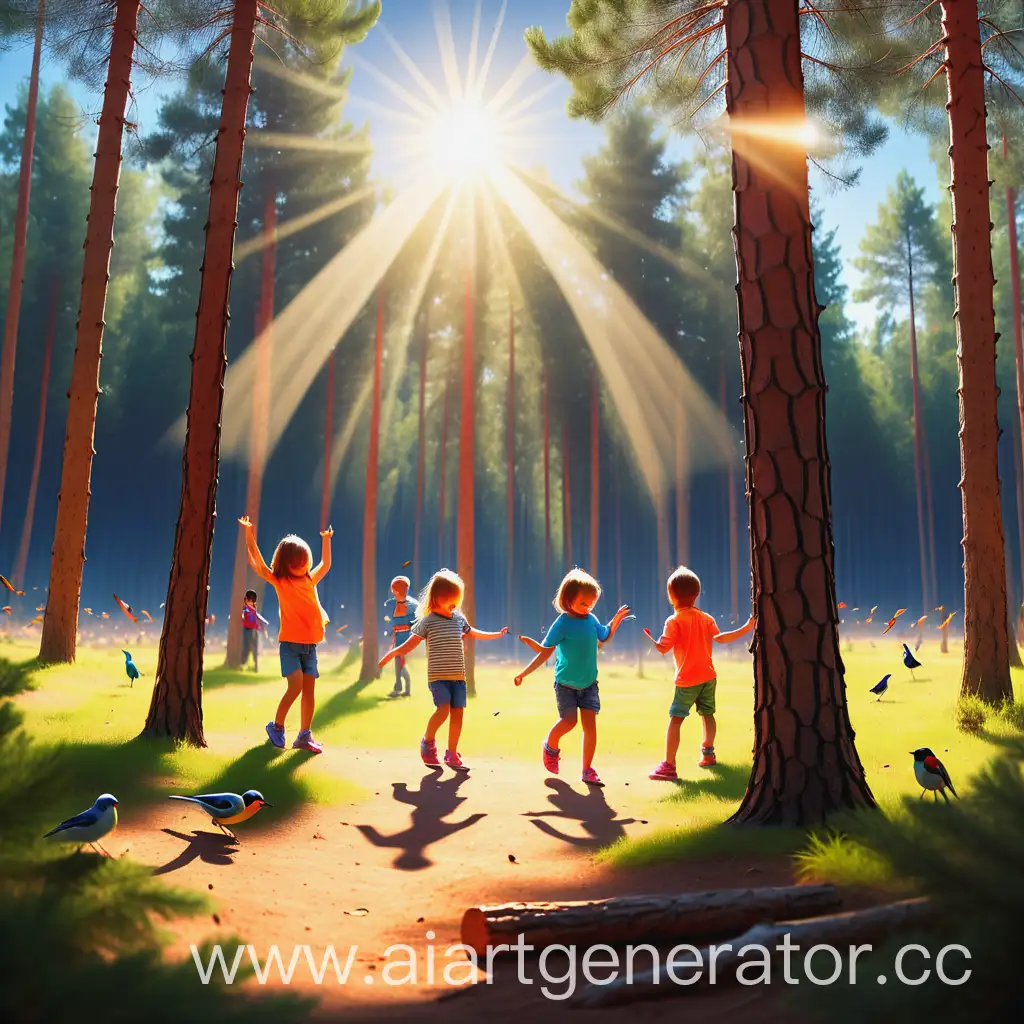 картинка лагеря, который называется мечта, сосновый лес, яркое солнце и птички. дети радостно играют
