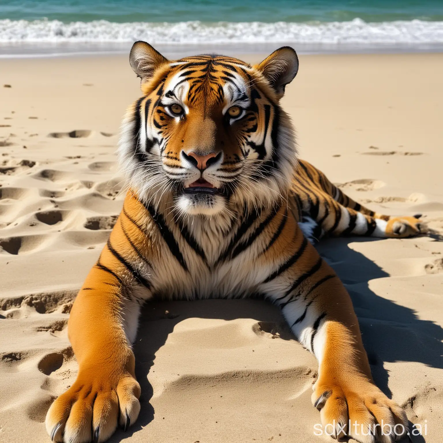 tiger having sun bath in beach wearing swimsuit