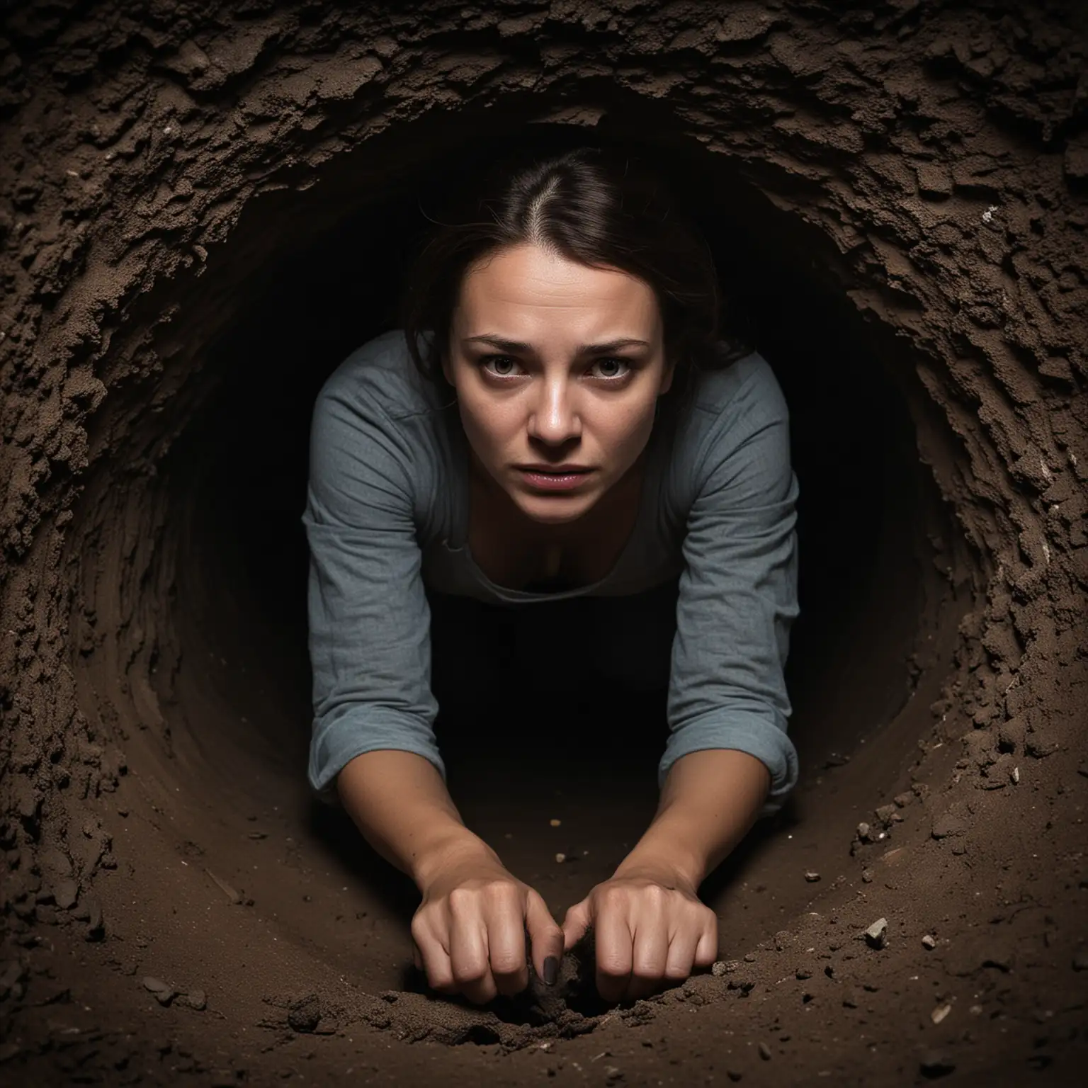 Woman Crouching in Mysterious Dark Abyss