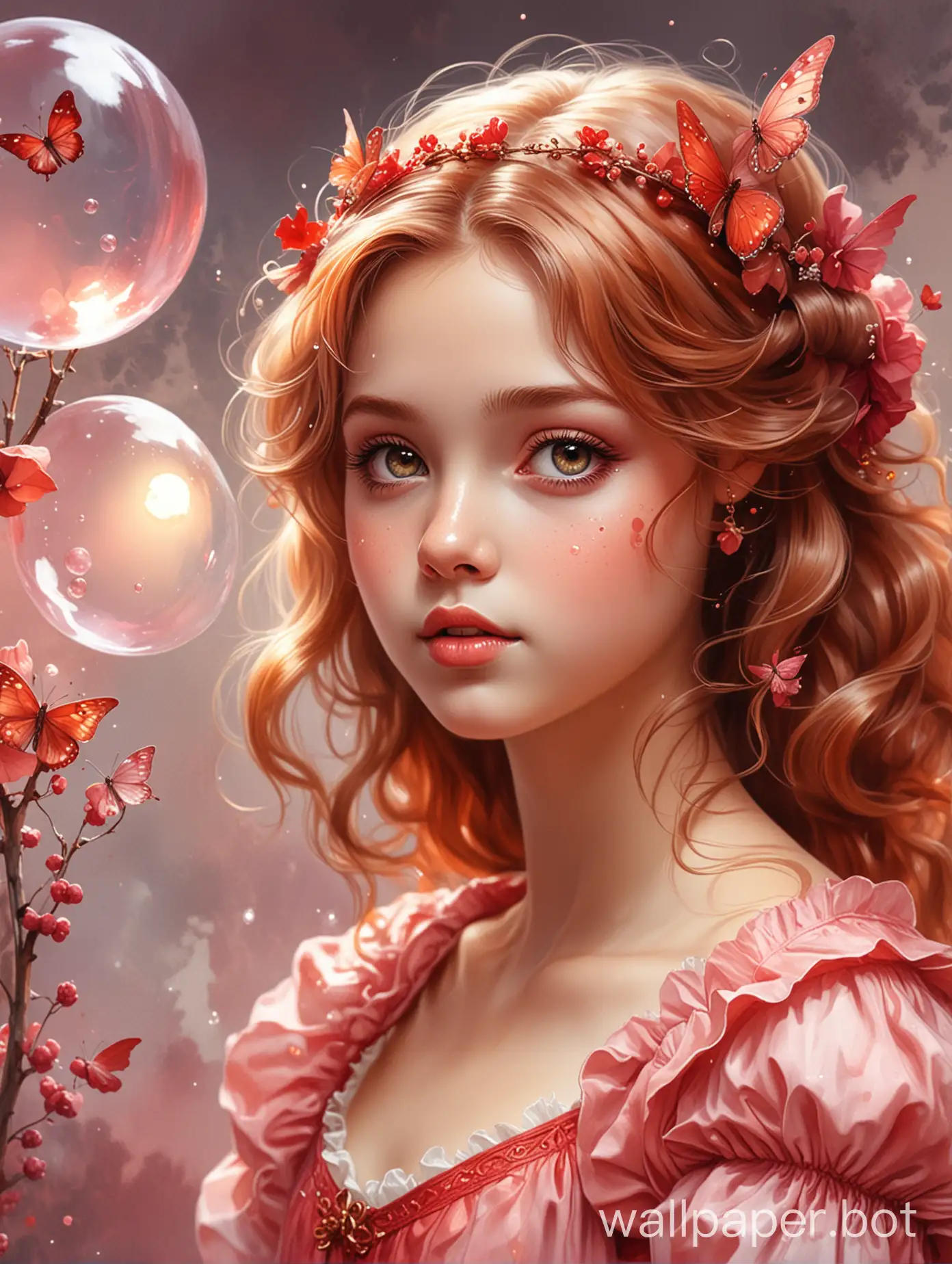 Soap bubbles, cotton clouds, on watercolor shades of crimson, burgundy and other reds| half body|lovely young butterfly fairy princess looking at me with big (light brown highly detailed eyes), shadow play| dynamic pose| fairy tale, a beautiful fantasy loved by children and adults, ultra-high detail, high quality, Artstation, perfect centered composition, watercolor ink.