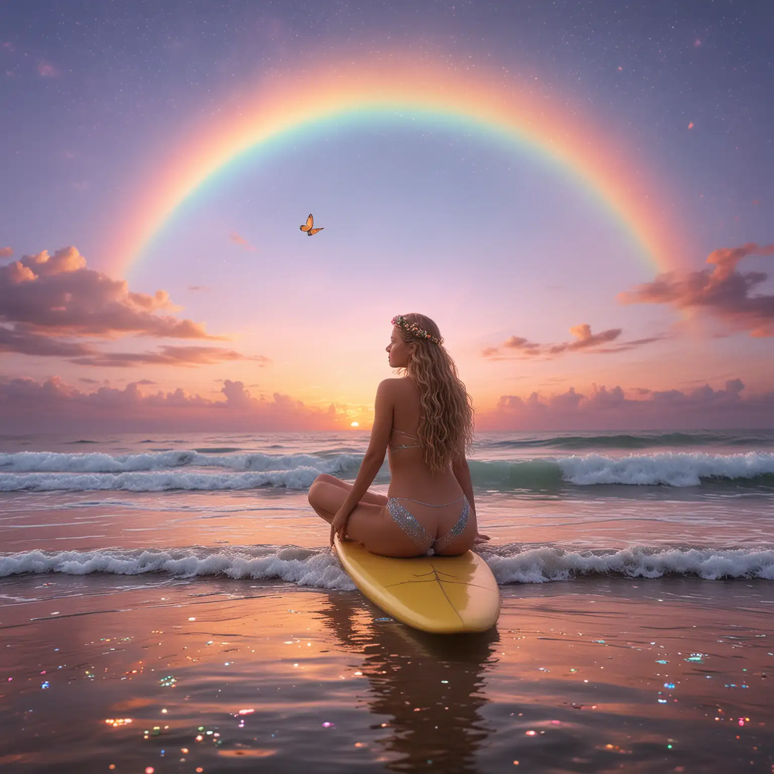 A goddess sitting on a surfboard, during a sunset, with a pastel rainbow sky background, Inspiring, blissful, transcendent, magical imagery in bright rainbow pastel colors,  sparkles, rainbows, butterflies flying around, evoking the imagery of waiting for a dream that is on its way to you