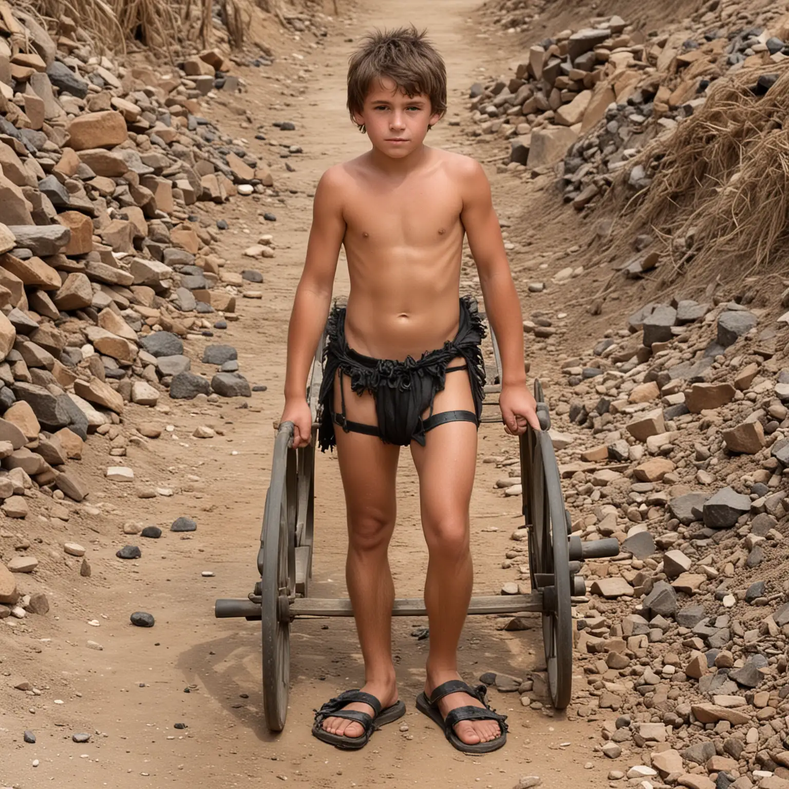 in the slave mines, very cute boy, 18 yrs old, bare tanned legs, very hairy legs, sexy slave costume, sandals, ankle bracelet, pulling a heavy cart , cart is full of coal, Victorian onlookers