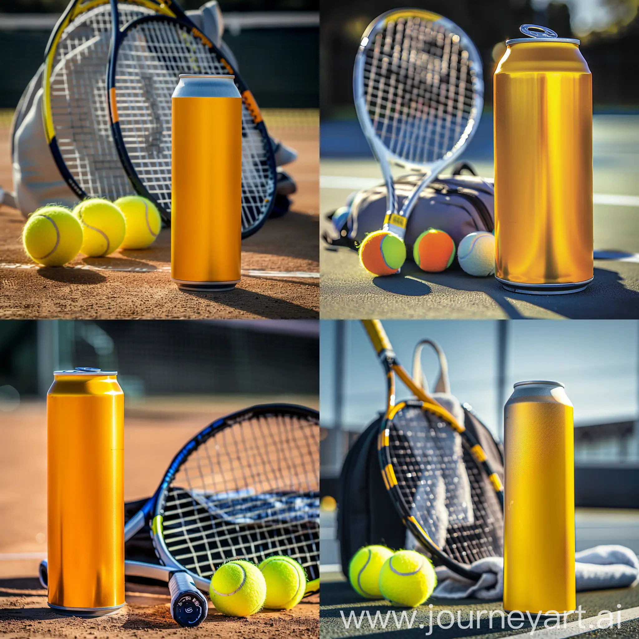 Sur le court de tennis, une canette jaune vive d'une boisson énergisante se tient au premier plan, au côté d'un équipement de tennis composé d'une raquette, de balles et d'un sac. La canette s'impose avec sa couleur lumineuse, sa surface lisse et son design qui suggère la vitalité et l'énergie brute. La lumière du jour joue sur la surface métallique de la canette, soulignant sa fraîcheur rafraîchissante.
La raquette de tennis, avec son réseau serré et sa poignée solide, suggère l'intensité et la précision du sport. Les balles de tennis alignées, prêtes à être utilisées, symbolisent la dynamique du jeu. Le sac de sport, ouvert, révèle une serviette de sport et une bouteille d'eau, soulignant l'importance de l'hydratation et du réconfort pendant les matches. Cette vue rapprochée reflète l'énergie et l'excitation propres à la pratique du tennis, tout en mettant en évidence l'importance d'une boisson énergisante pour le dynamisme des sportifs.