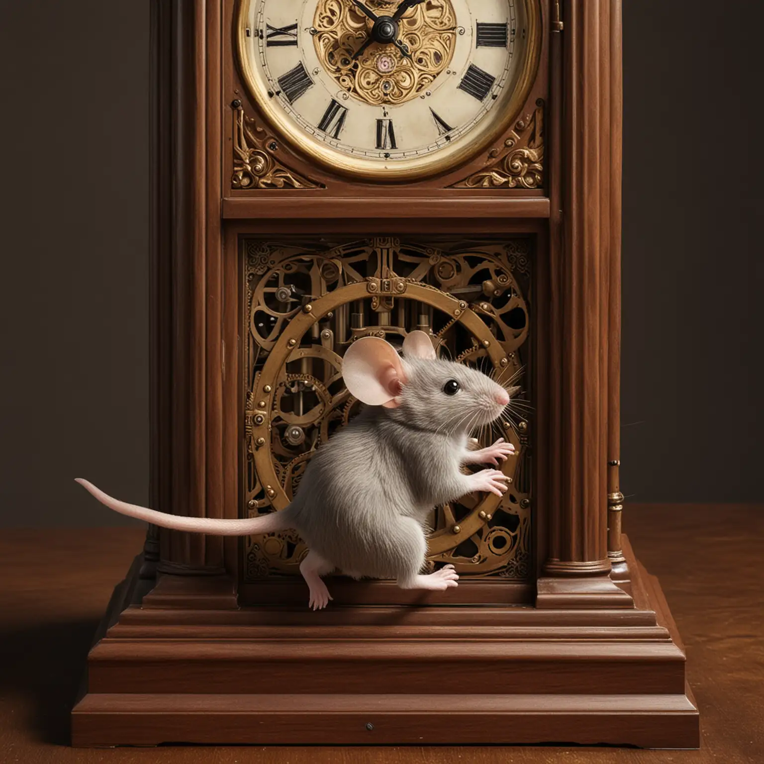 mouse running up a large grandfather clock