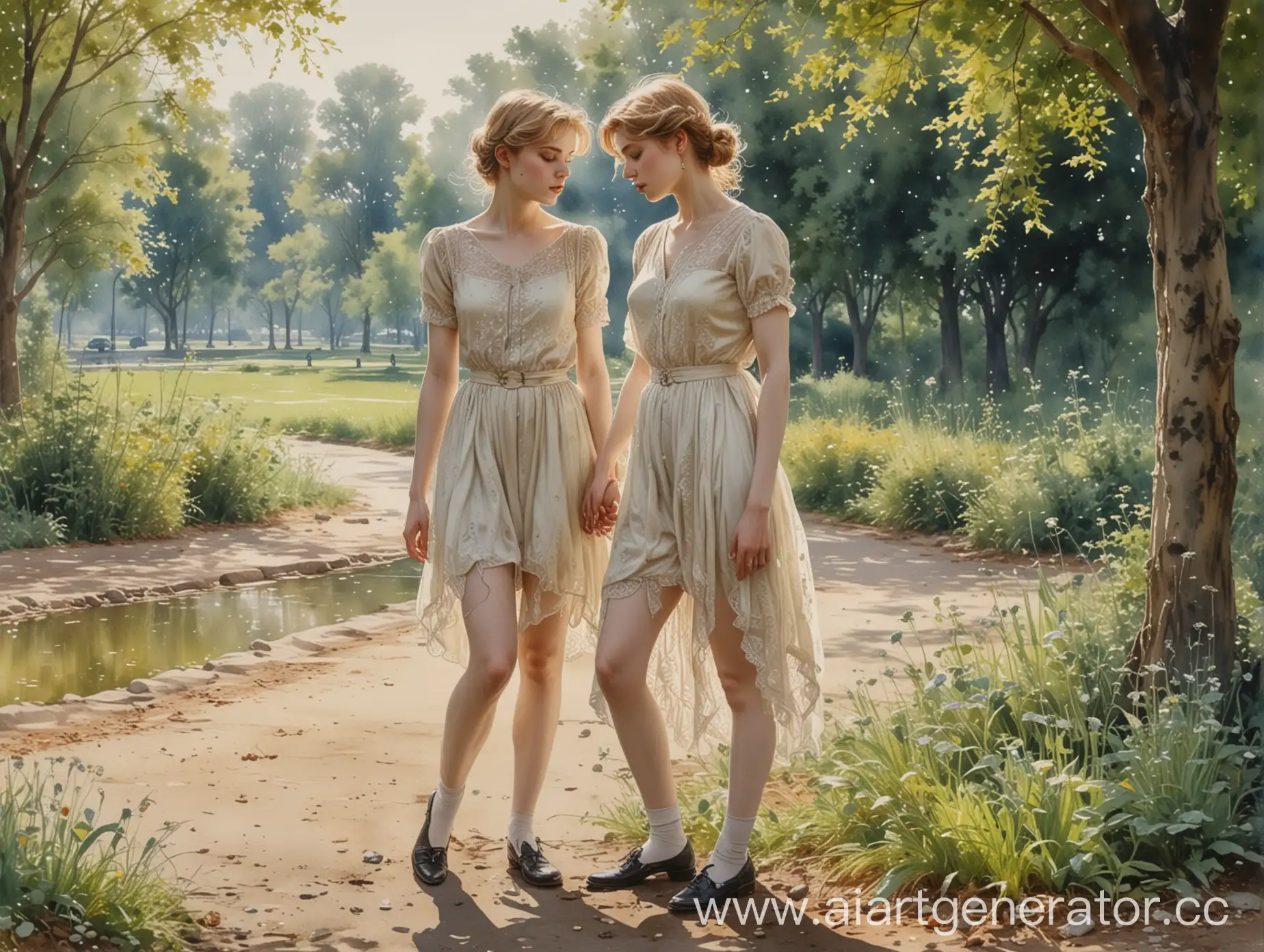 Realistic-Watercolor-Painting-of-Androgynous-Figures-Urinating-in-Filigree-Park