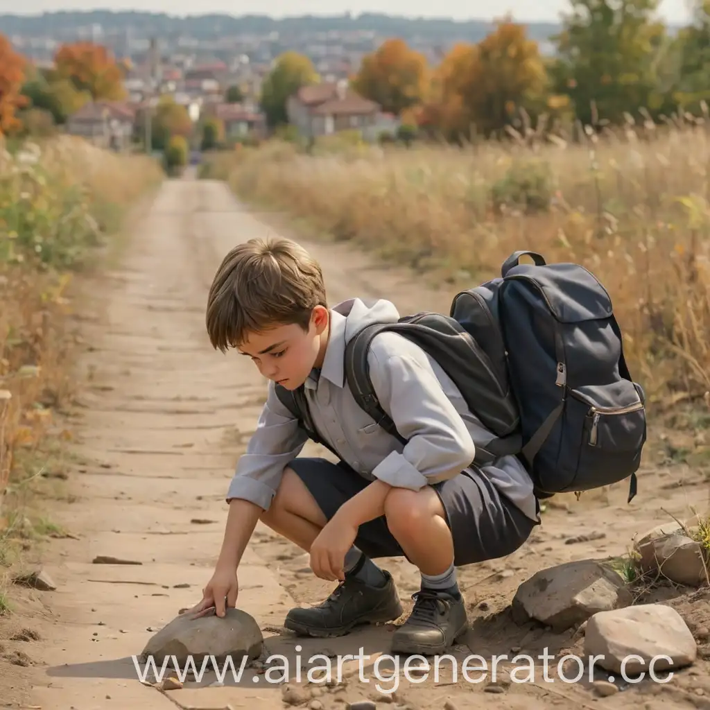 Осенняя пора, мальчик 10 лет в школьной форме присел на корточки, рассматривает камень на просёлочной дороге, рюкзак валяется рядом, вдали виднеется город.